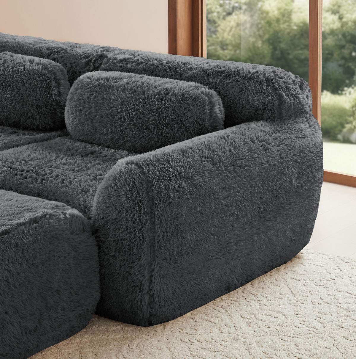 ECKSOFA 378/179/73 cm grau aus Plüsch als 4-Sitzer mit modularem Ottomanen - Grau, Textil (179/378cm) - OKWISH