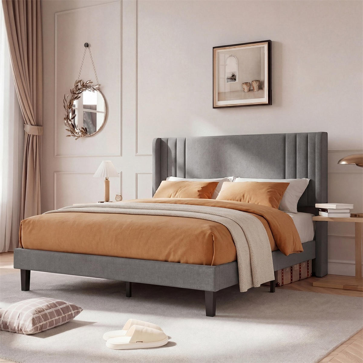 POLSTERBETT 160 x 200 cm aus Leinen mit gepolstertem Kopfteil - tabile Bettbeine ohne Matratze - Grau - Grau, Textil (160/200cm) - DELFA