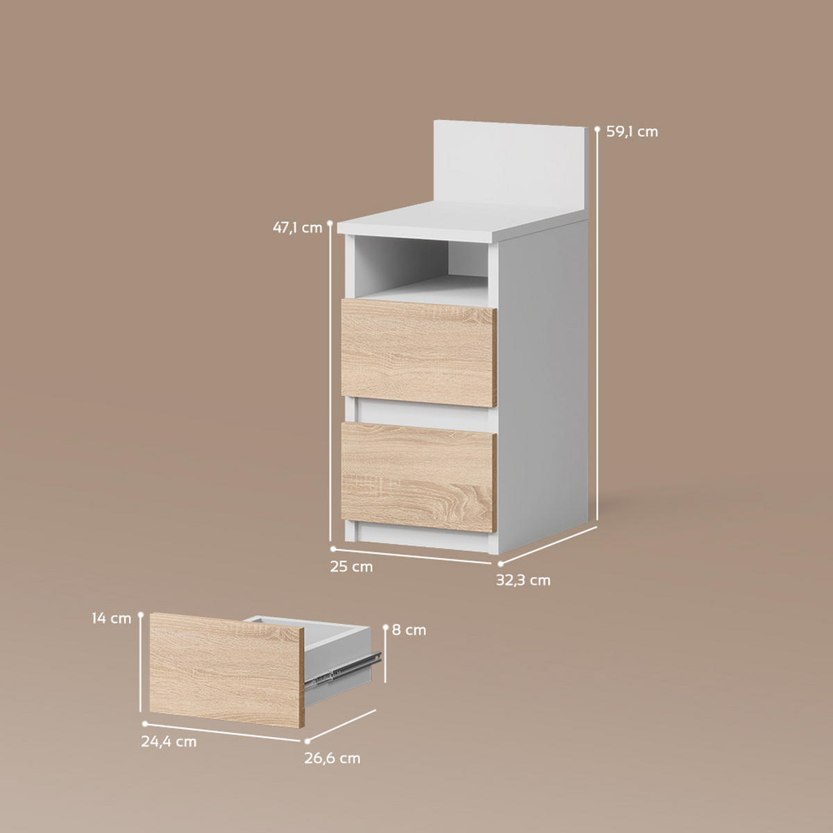 NACHTTISCH Roya, Weiß/Sonoma, 25 x 59.1 cm mit 2 Schubladen - Weiß/Sonoma Eiche, Holzwerkstoff (25/59.1/32.3cm) - Livinity®