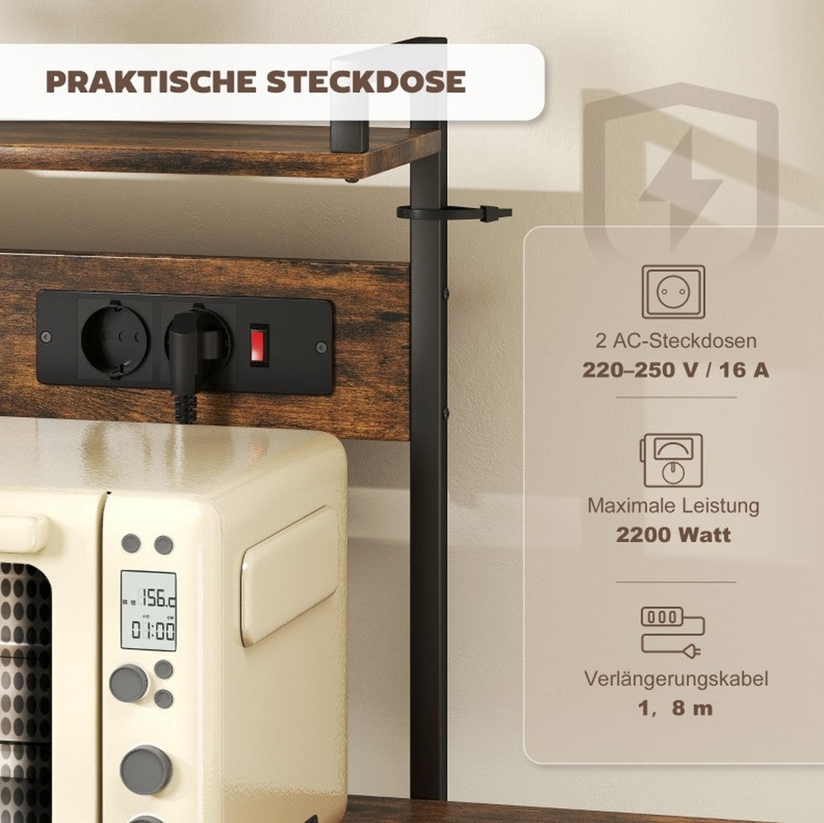 STANDREGAL Küchenregal 90/42/130 cm mit 5 Ebenen, Steckdosen und Haken - Braun, Holz (90/130/42cm) - BEAOK