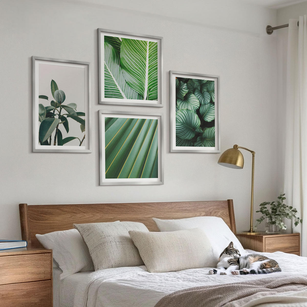 WANDBILDER 4er Set - 50x50 cm & 40x60 cm Silberner Rahmen - Tropische Blätter in Grün - Silberfarben, Kunststoff (50/50cm) - ArtPrintCave