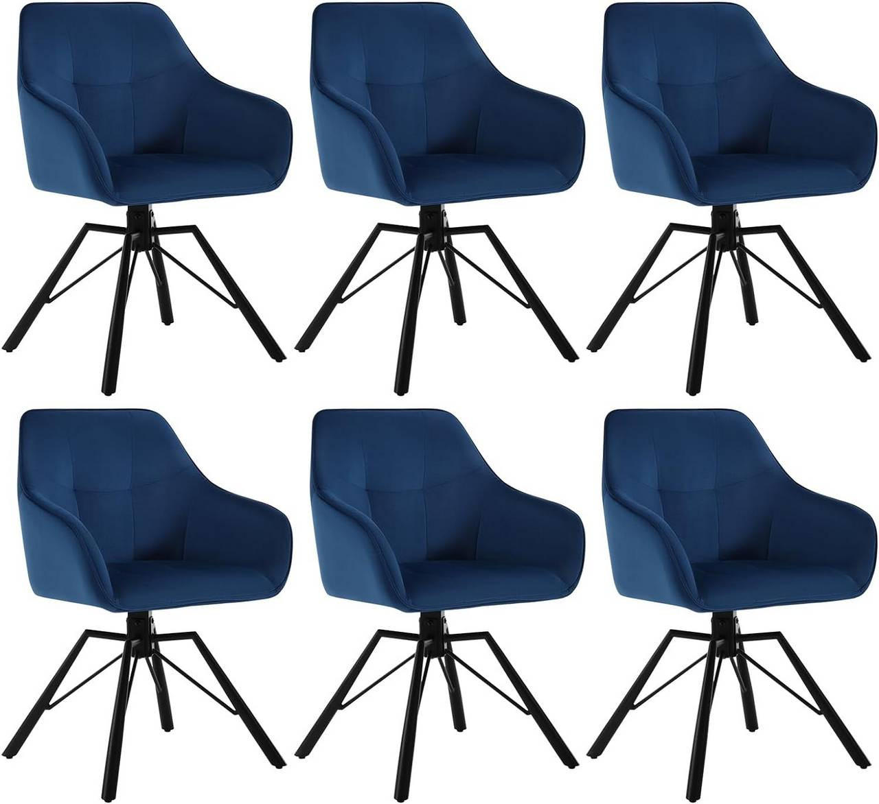 ARMLEHNSTUHL 6er Set, drehbar mit Samtbezug, Blau - Blau/Schwarz, Textil/Metall (57/82.5/54cm) - Woltu