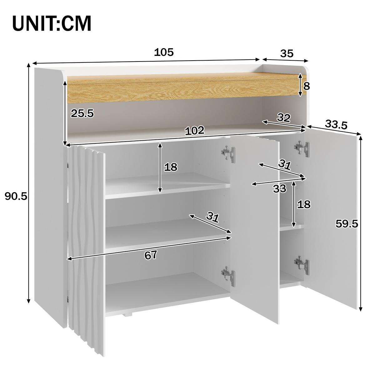 SIDEBOARD Schuhschrank LED 3 Türen Wellenmuster Ablagen 105cm - Multicolor, Holzwerkstoff (105/90.5/35cm) - FLIEKS