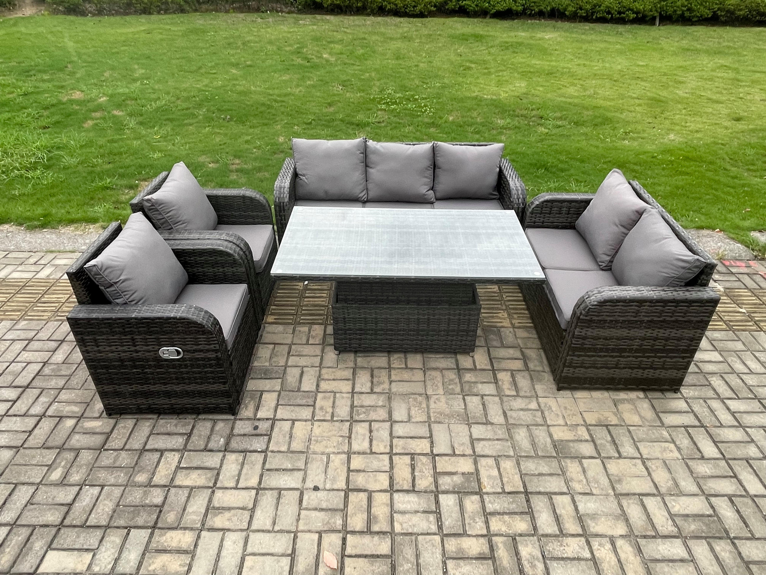 GARTENMÖBELSET mit Höhenverstellbarer Esstisch 7-Sitzer Grau - Dunkelgrau/Grau, Glas/Kunststoff - Fimous