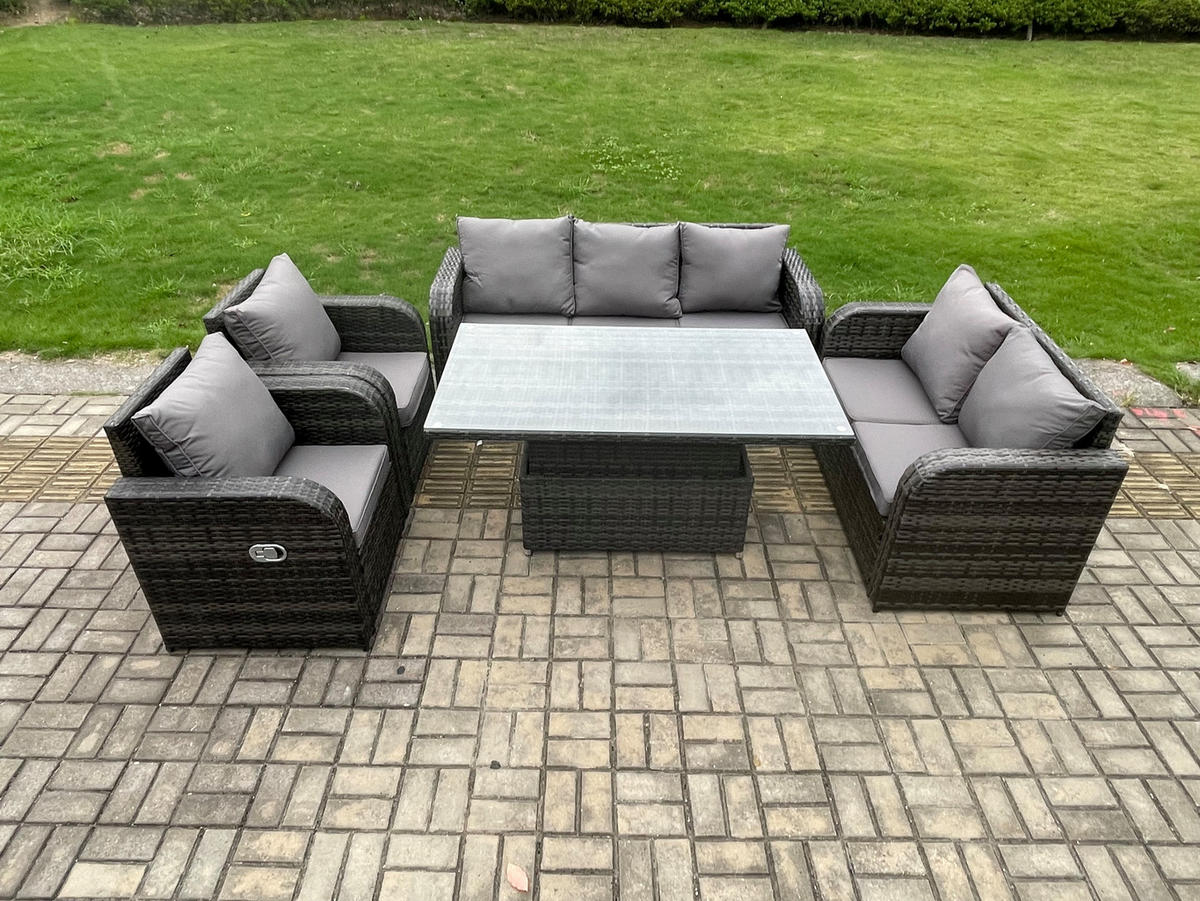 GARTENMÖBELSET mit Höhenverstellbarer Esstisch 7-Sitzer Grau - Dunkelgrau/Grau, Glas/Kunststoff - Fimous