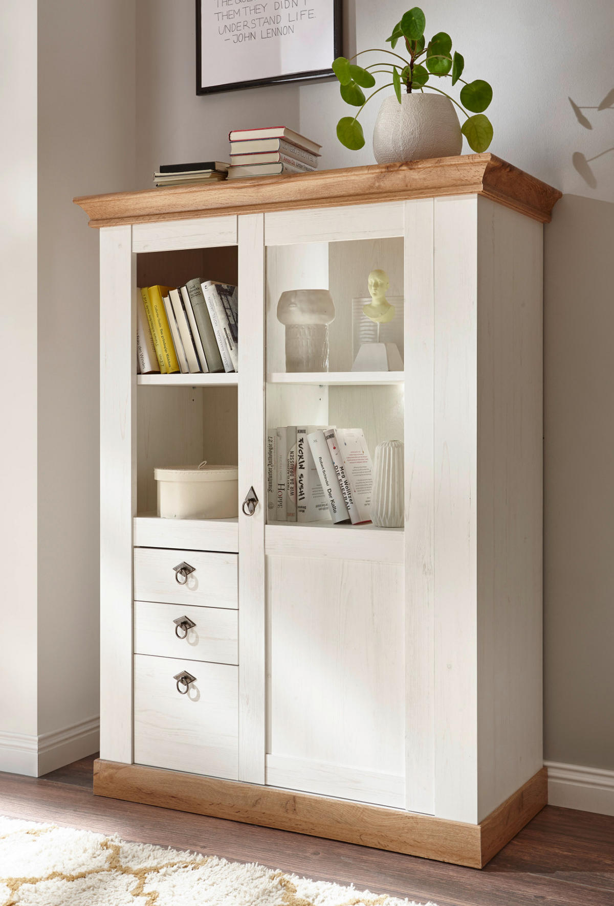 VITRINE weiß Pinie, Eiche 102 x 139 cm, Highboard im Landhaus-Stil - Eiche Wotan/Weiß, Glas/Holzwerkstoff (102/139/44cm) - Furn.Design