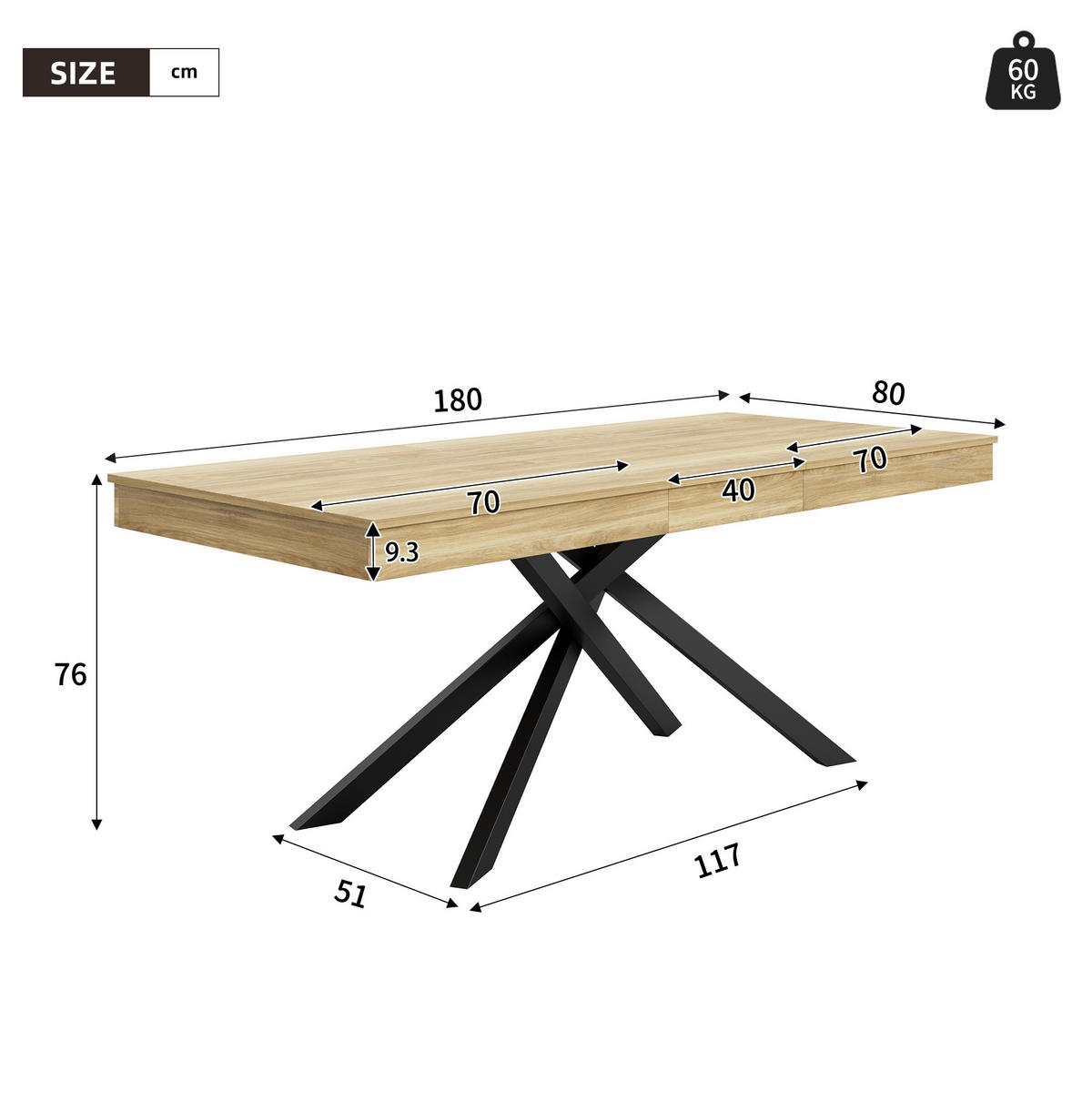 JEDÁLENSKÝ stôl 140/180/80 cm dubová farba, rozkladací, MDF - farba duba, kompozitné drevo (180/80/76cm) - BEAOK