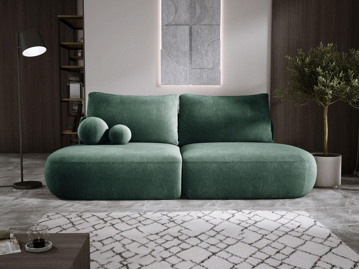 SCHLAFSOFA Moderne BABU mit Schlaffunktion – 3-Sitzer Sofa mit Bettkasten, DL-Automat, 2 Rückenkissen, 2 Zierkissen, 240x90x90 cm, Grün - Grün, Holz/Textil (240/90/90cm) - DomoHome