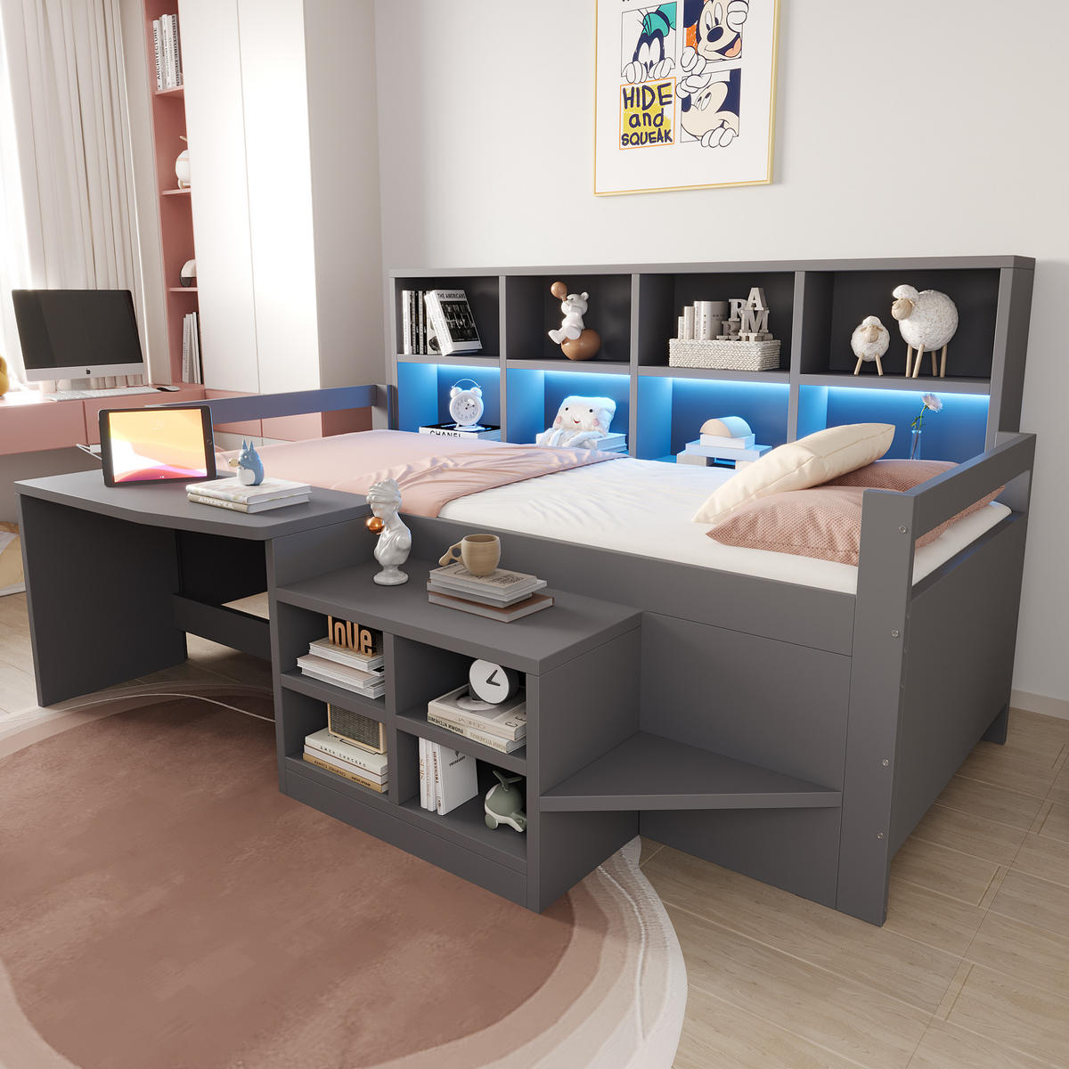 KINDERBETT 90x200cm Massivholz LED Schreibtisch Stauraum Grau - Grau, Holz (90/200cm) - FLIEKS