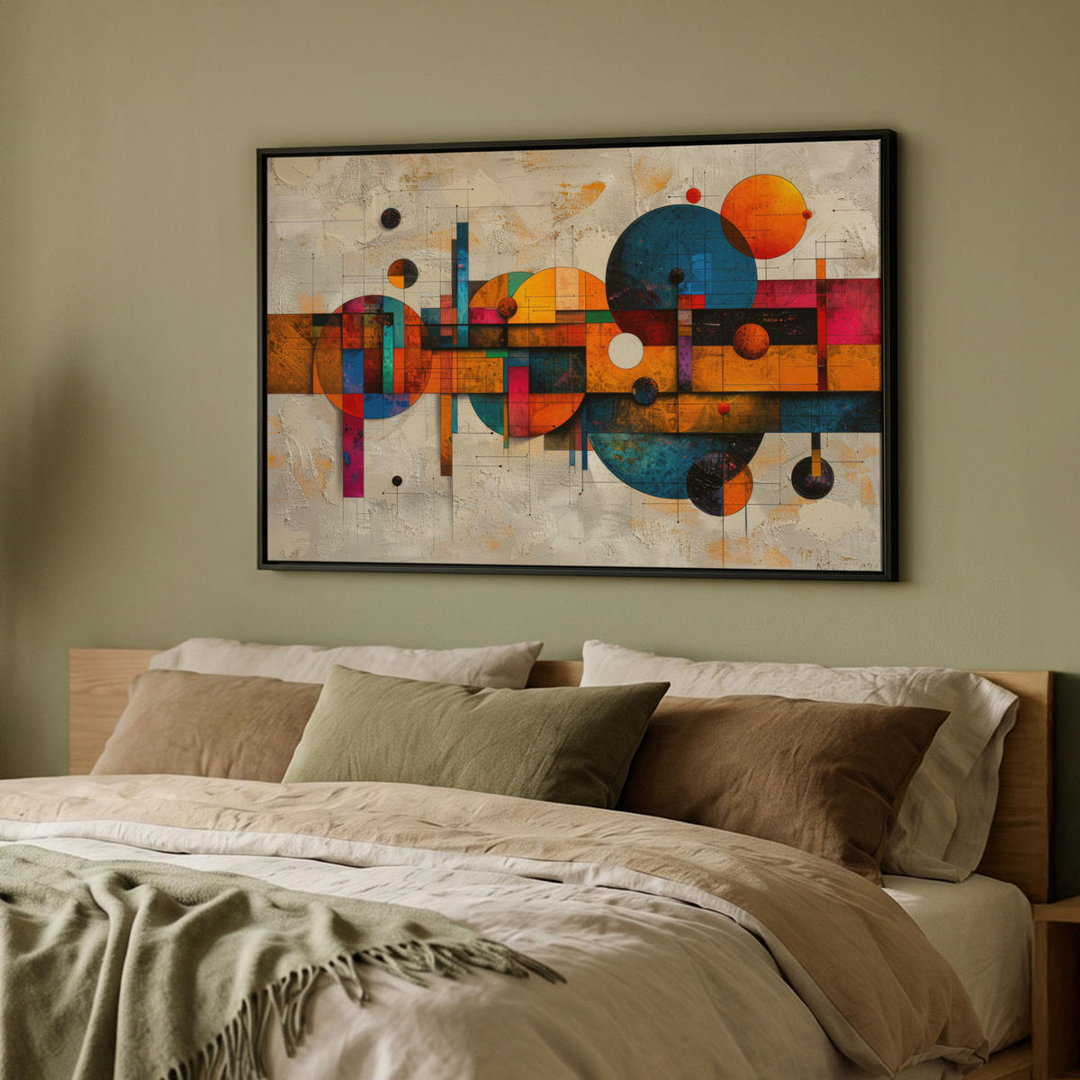LEINWAND Bilder mit Rahmen - Vintage - Moderne Kunst - Orange - Geometrische Formen - 90x60 - Multicolor, Textil (90/60cm) - MuchoWow
