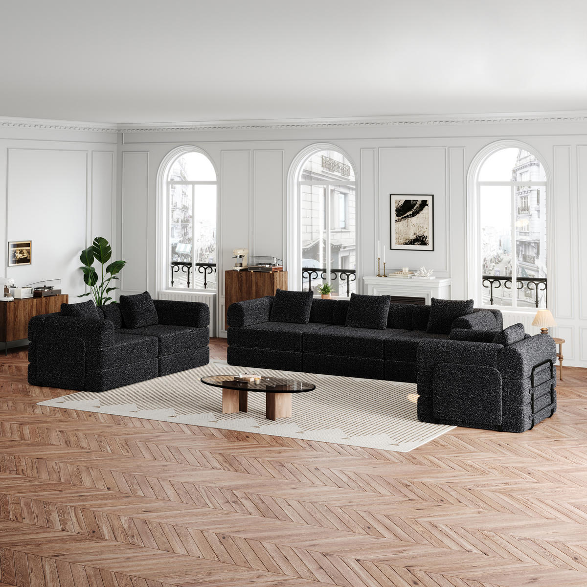 SCHLAFSOFA 2-in-1 aus Chenille mit Armlehnen-Staufach - Schwarz, Textil (183.8/69.8/91.4cm)