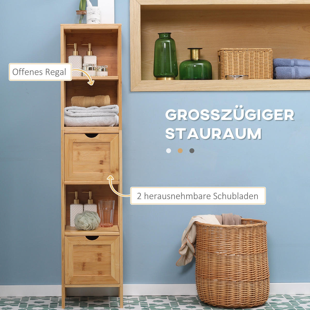 BADEZIMMERSCHRANK 30x30x140 cm Natur aus Bambus mit Kippsicherung & 2 Schubladen - Naturfarben, Naturmaterialien (30/140/30cm) - Modfu