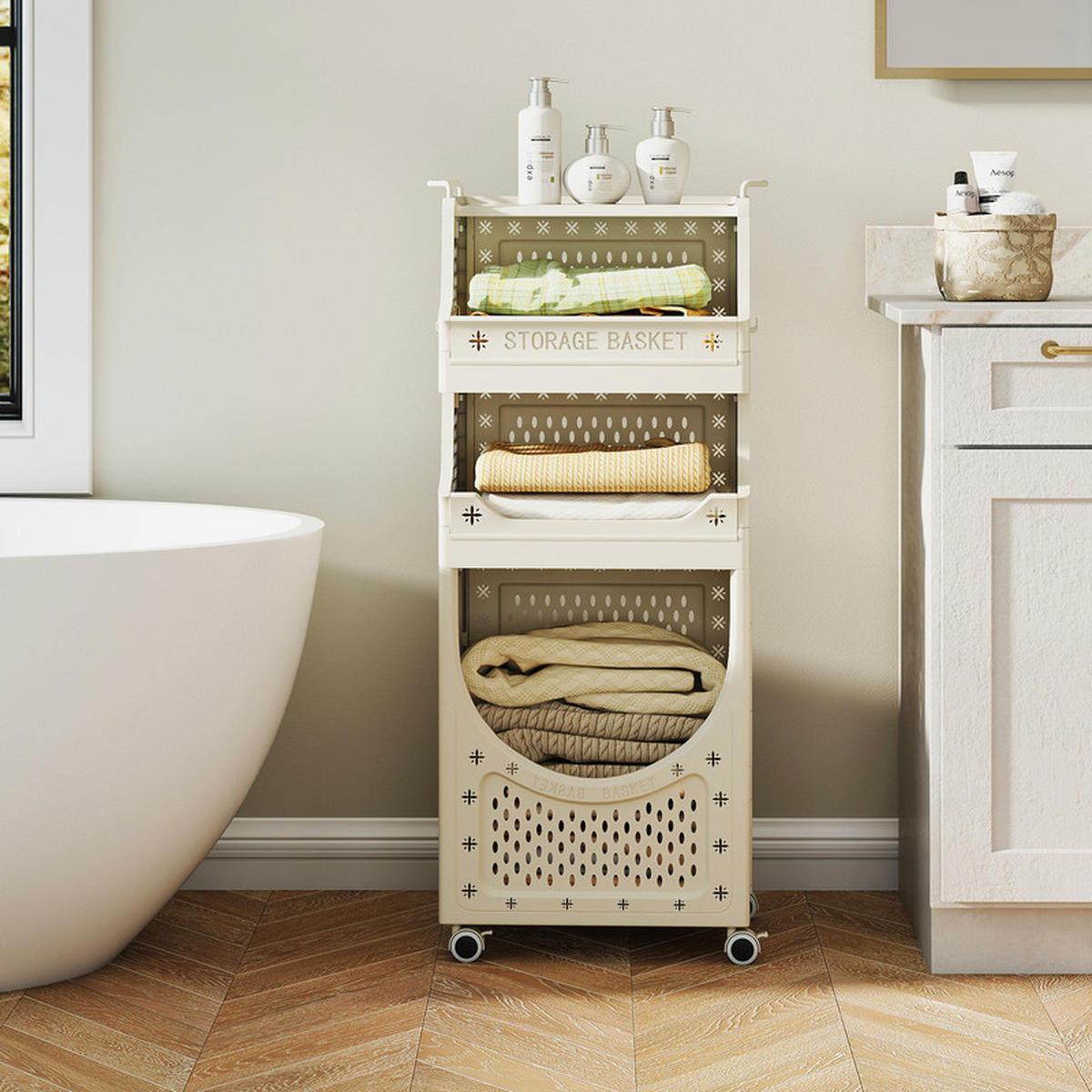 WÄSCHEKORBWAGEN Faltbarer beige - Beige, Kunststoff (40/100/30cm) - COSTWAY