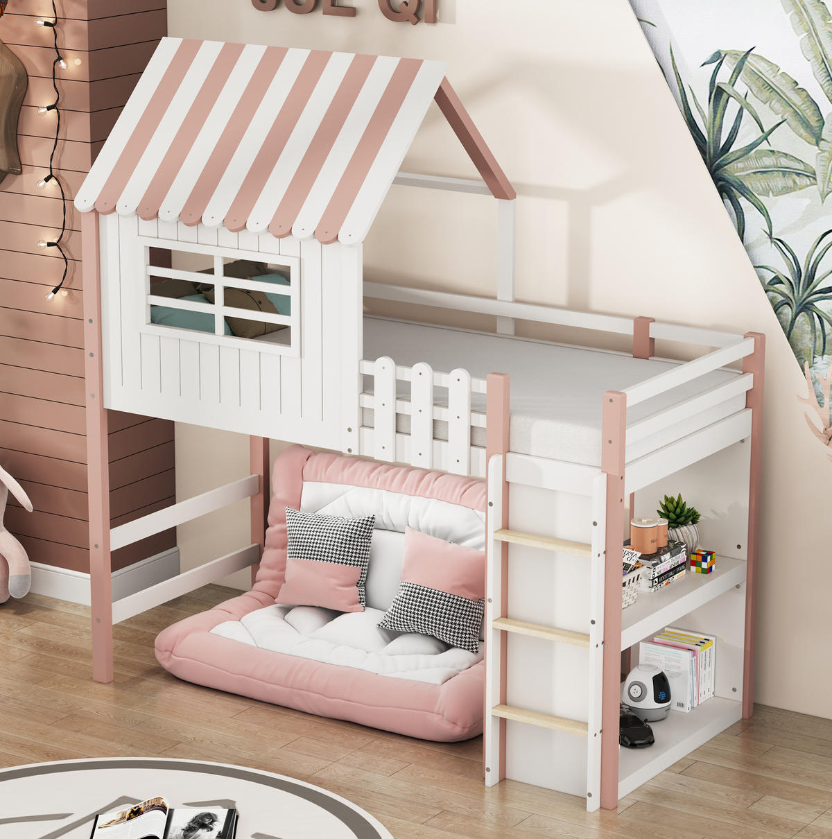 HOCHBETT 90/200 cm Rosa Hausbett mit Sicherheitsleiter und Stauraum - Pink, Holz (90/200cm) - OKWISH
