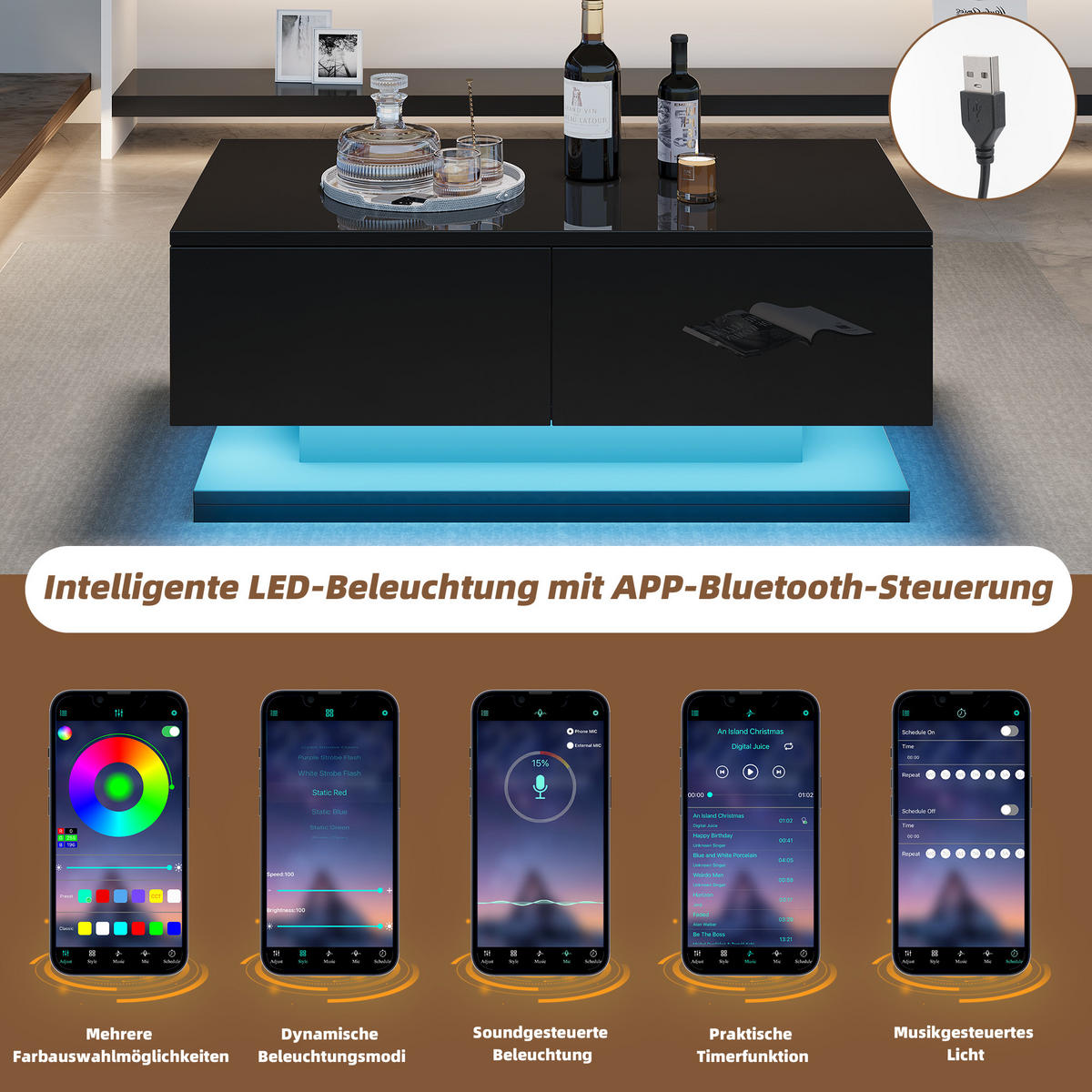 COUCHTISCH DE-147 Schwarz mit LED-Beleuchtung - Schwarz, Holzwerkstoff (50/90/38cm) - ComfortXL