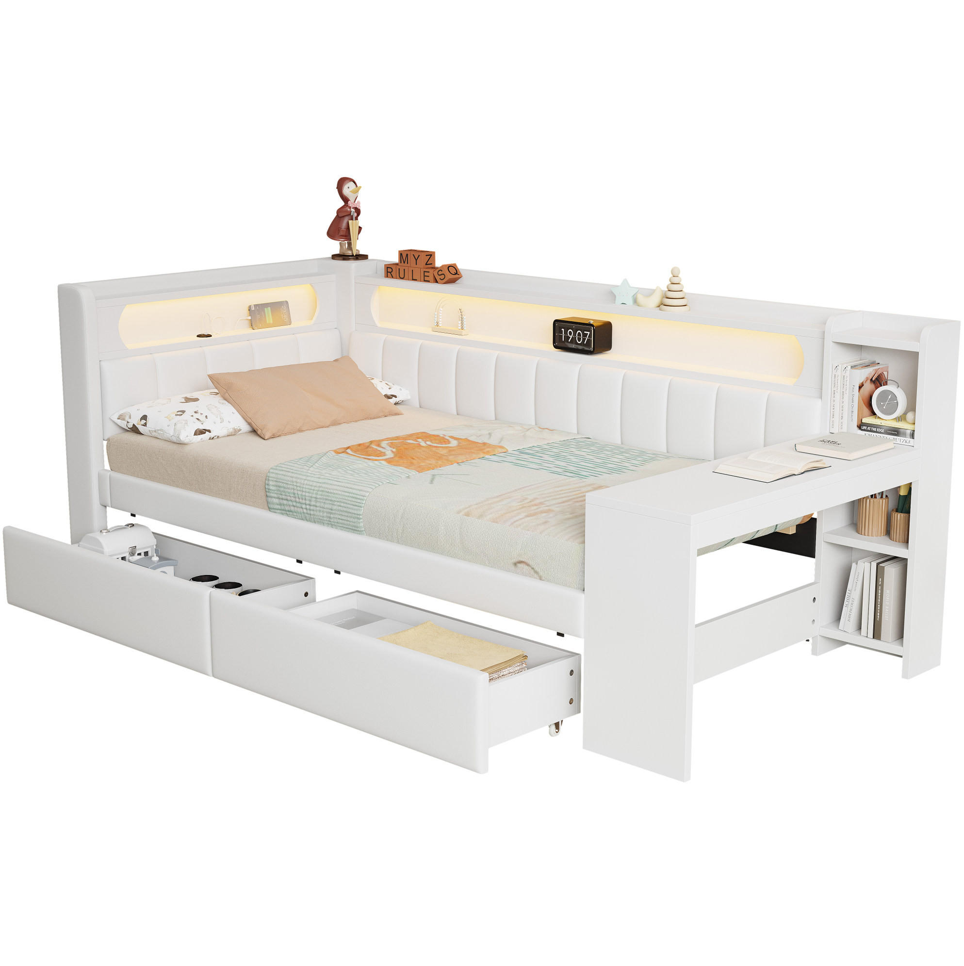 POLSTERBETT 90/200 cm Weiß mit LED-Beleuchtung, USB-Anschluss, Schreibtisch und 2 Schubladen - Weiß, Holzwerkstoff (90/200cm) - Flora Grace