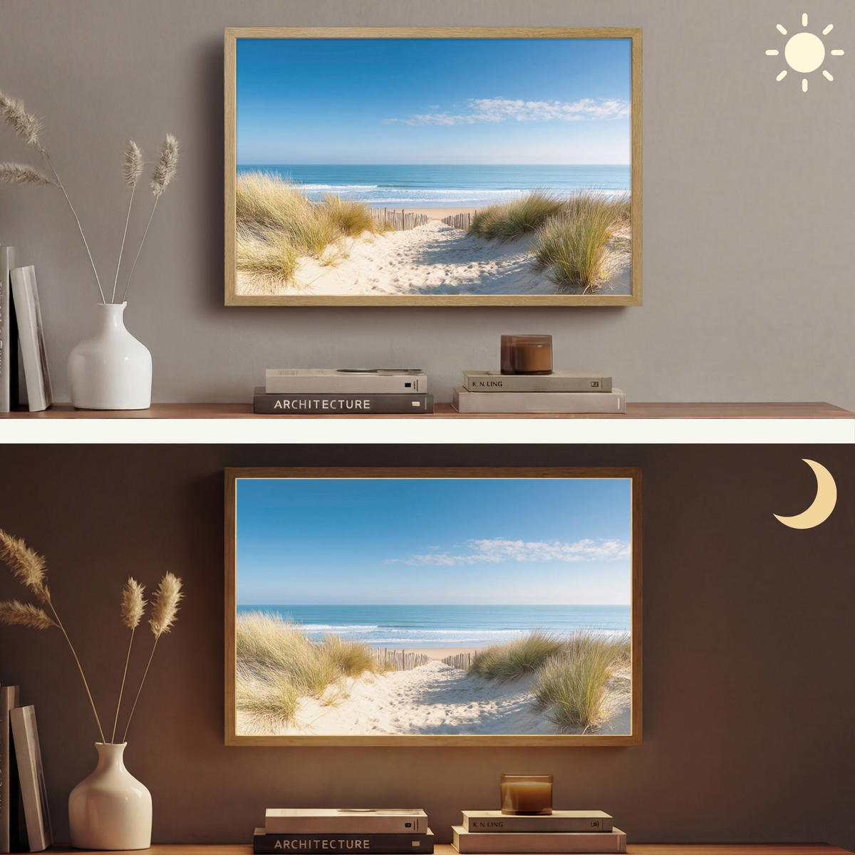 NÁSTĚNNÁ LAMPA S AKUMULÁTOREM Pláž - moře - duny - písek - léto 60x40 cm - písková barva, kompozitní dřevo (60/40/8cm) - OnlyWow