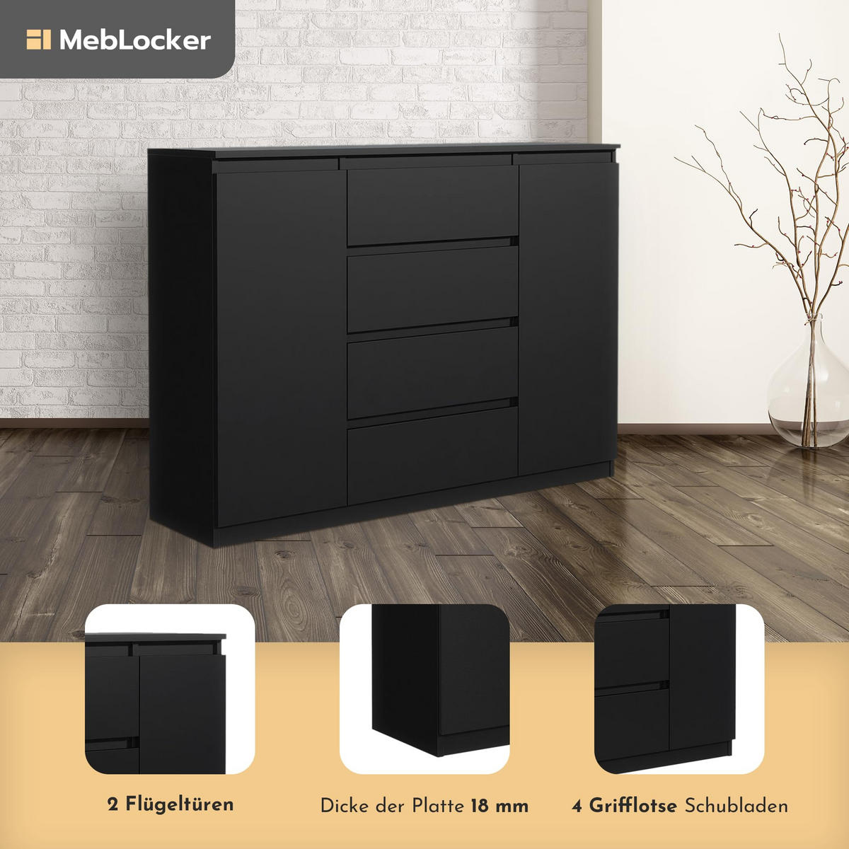 KOMMODE mit 4 Schubladen 2 Schranktüren 140 cm Schwarz - Schwarz, Holzwerkstoff (138.6/101.5/39cm) - MebLocker