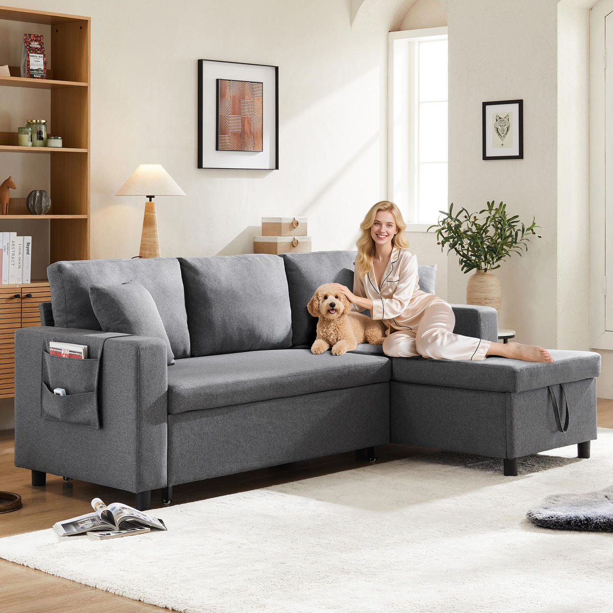 SCHLAFSOFA 219.5x142.5x83 cm aus Leinen mit 3-Sitzer, Dunkelgrau - Dunkelgrau, Textil (142.5/219.5cm) - Luhomfu