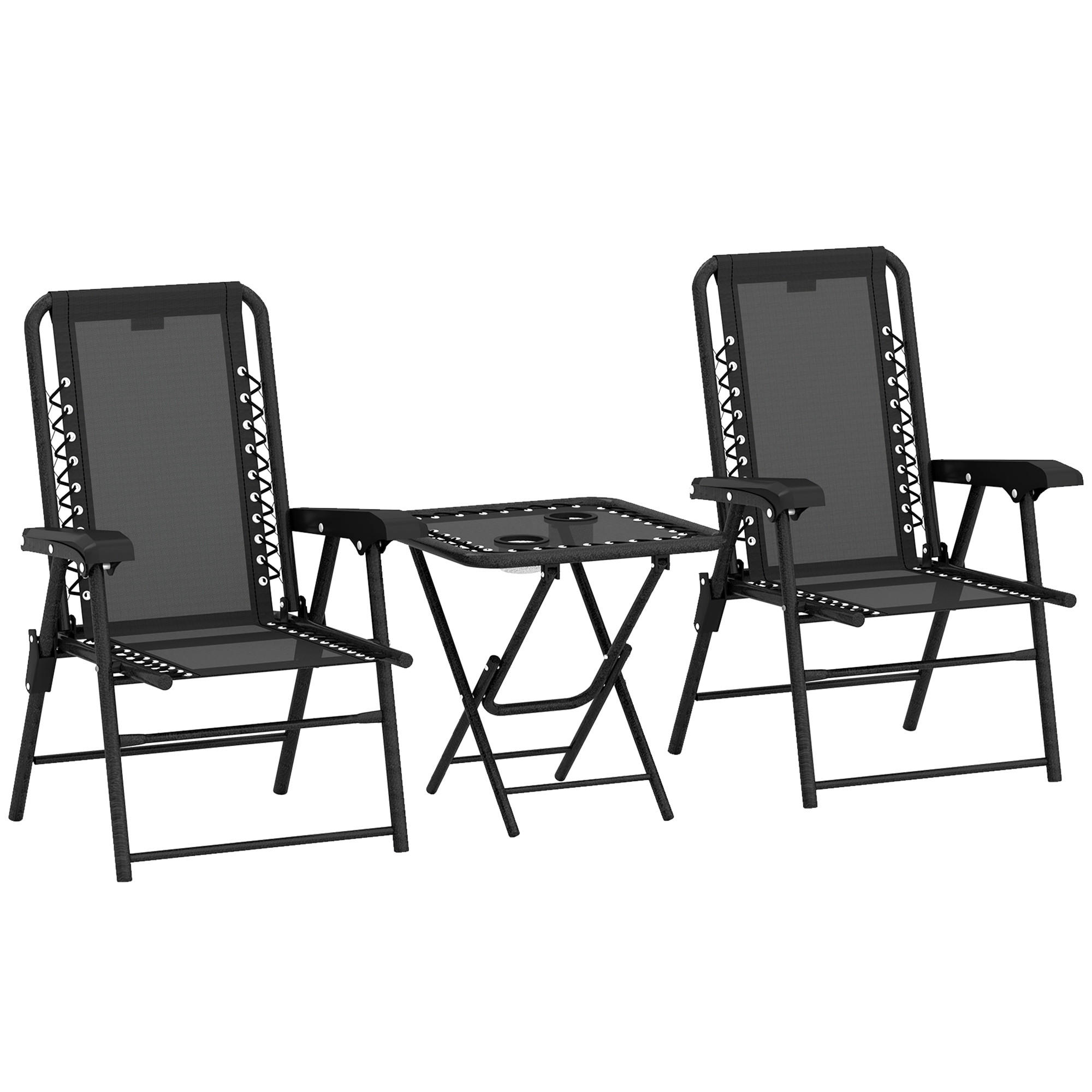 BISTRO-SET DE-07317 3-teilig, klappbar mit Becherhaltern Schwarz - Schwarz, Metall - ComfortXL