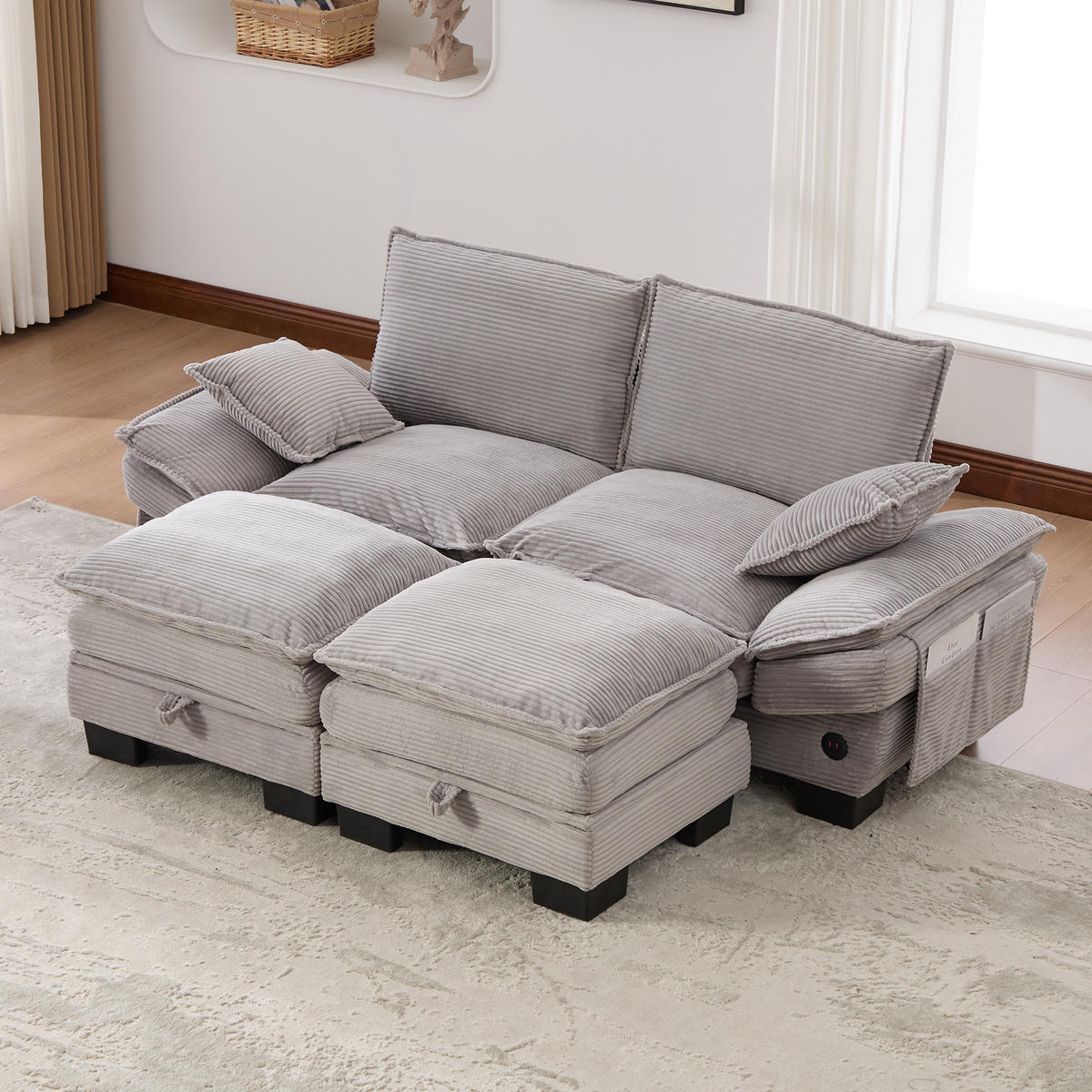 2-SITZER SOFA Cord Hellgrau mit Hocker und USB-C - Hellgrau, Holzwerkstoff/Kunststoff (190/84/132cm) - WISHDOR
