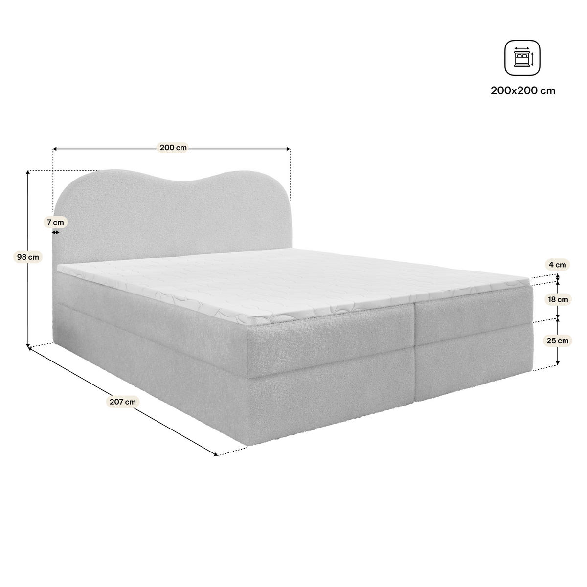 AMERICKÁ POSTEL FLUVIA, 200x200 cm s matrací a úložným prostorem, H2+H3, béžová - béžová, dřevo (200/200cm) - MASSENO