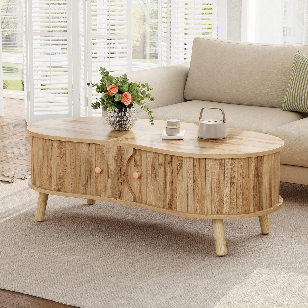 COUCHTISCH organisch Rillenoptik 2 Schiebetüren - Naturfarben, Holz (50/108/37cm) - LEBENLANG