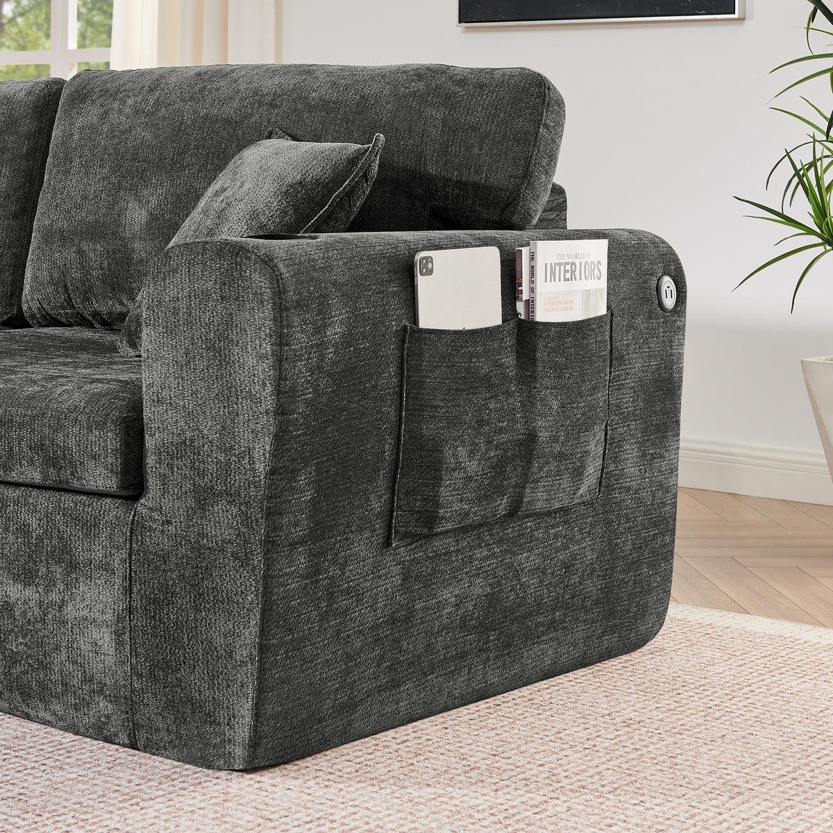 2-SITZER SOFA Chenille Schwarz mit USB, Magazintasche, Getränkehalter und Kissen - Schwarz, Textil (220/89/100cm) - WISHDOR