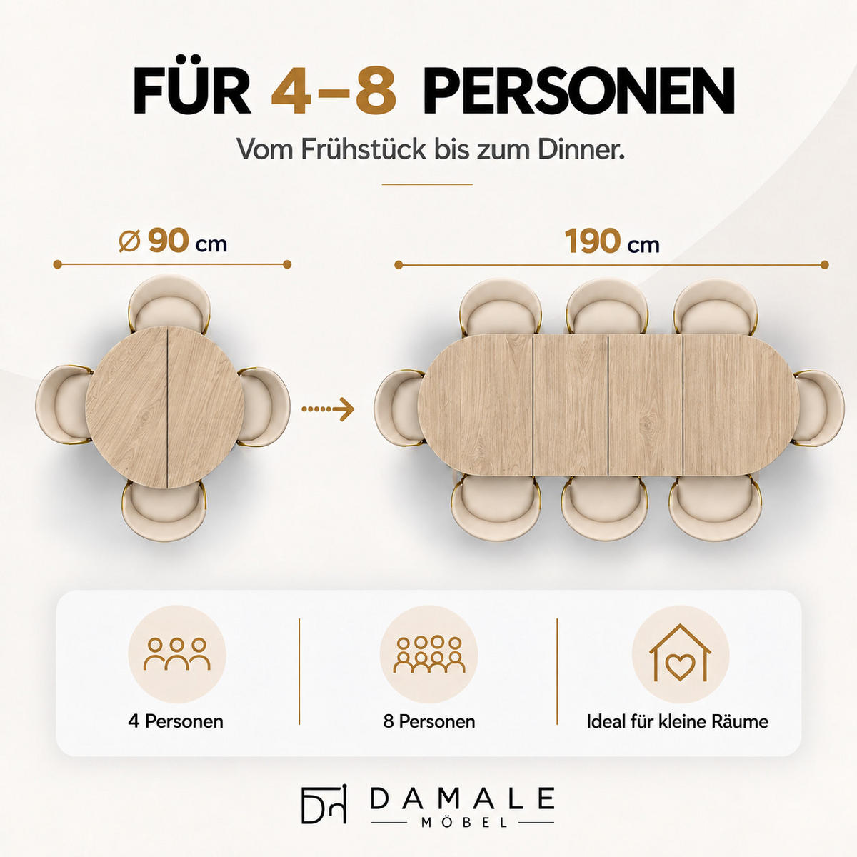 ESSTISCH rund ausziehbar 100/200/76 cm, Hikora Egger Natur, 54 cm Tischplatte + Metall weiß - Eichefarben, Holzwerkstoff/Metall (100/200/76cm) - Damale Möbel