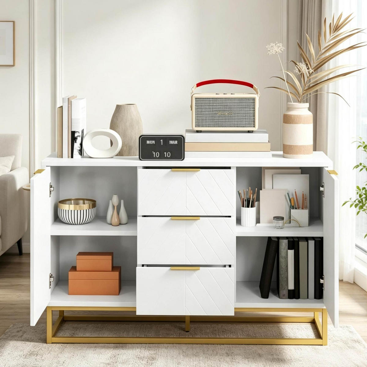 SIDEBOARD in Weiß und Gold 120x40x76 cm mit 2 Türen und 3 Schubladen - Weiß, Holzwerkstoff (40/76/120cm) - IVMEU