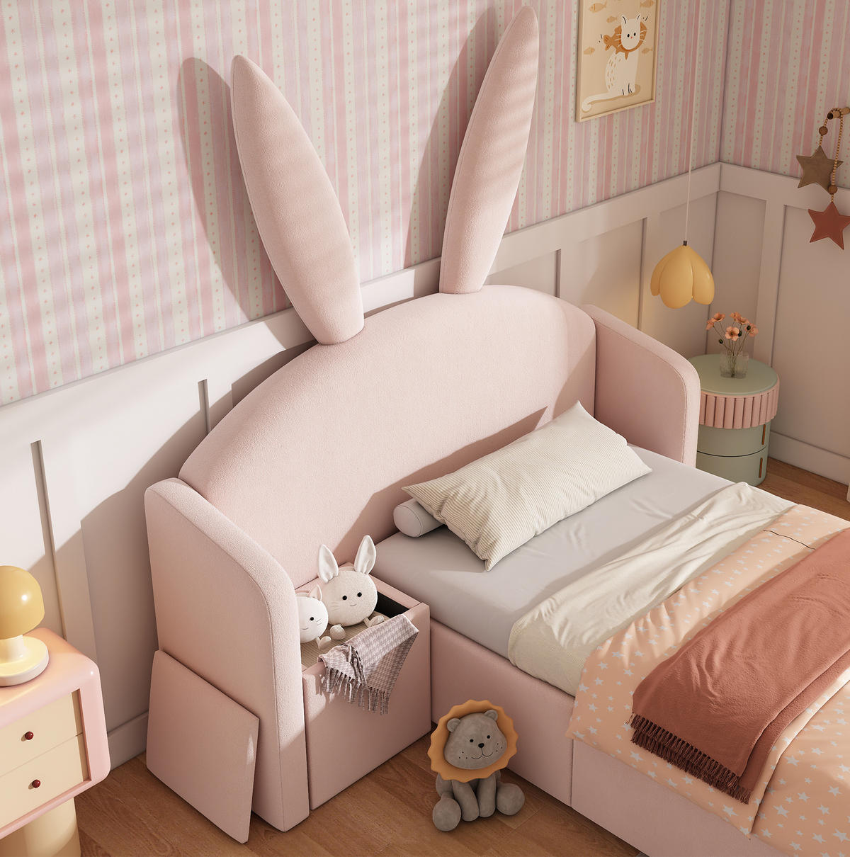 POLSTERBETT 90/200 cm Rosa aus Samt mit Nachttisch und Stauraum - Rosa, Textil (90/200cm) - OKMYHOME