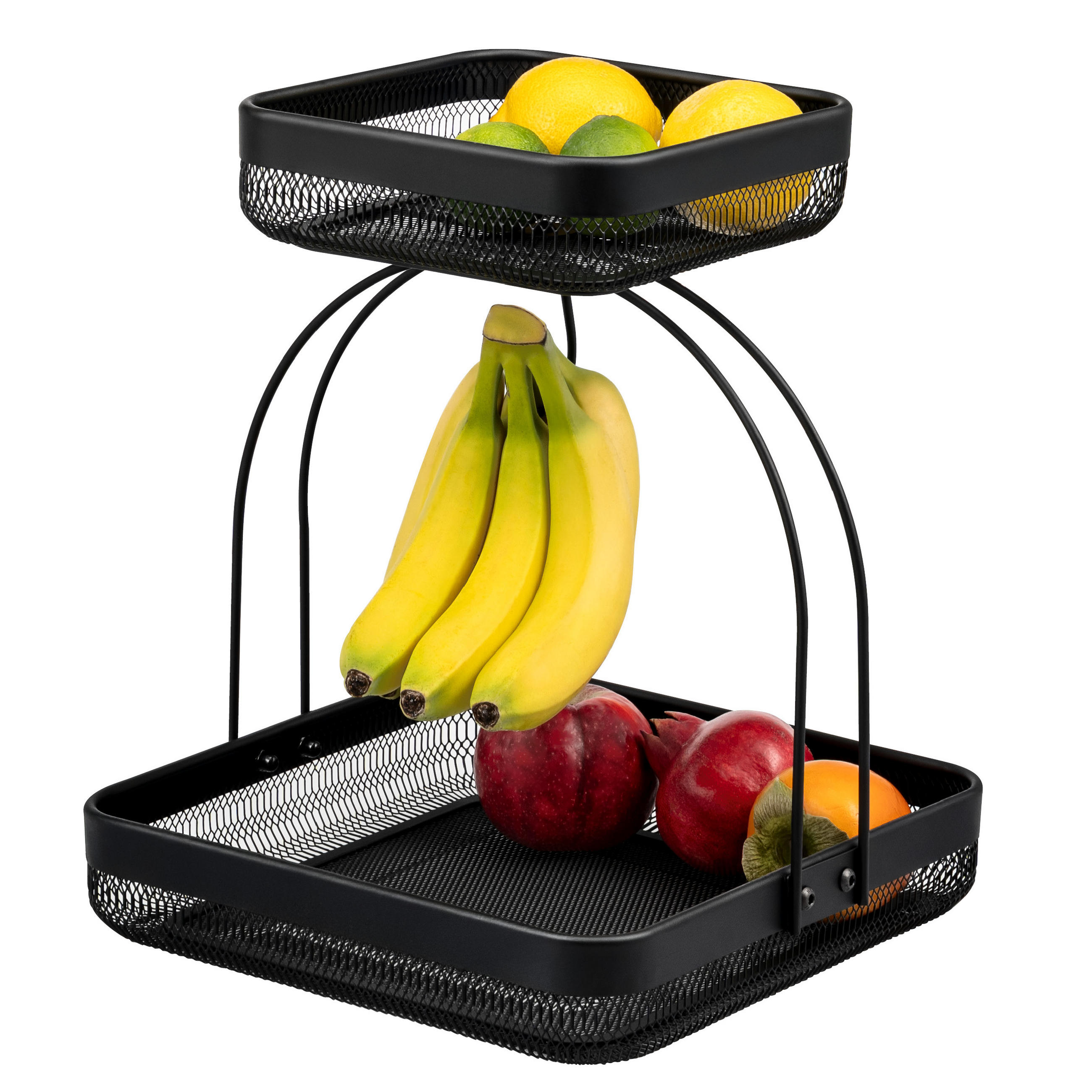 OBSTETAGERE mit Bananenhalter, schwarz, eckig - Schwarz, Metall (31/38.5cm) - eluno