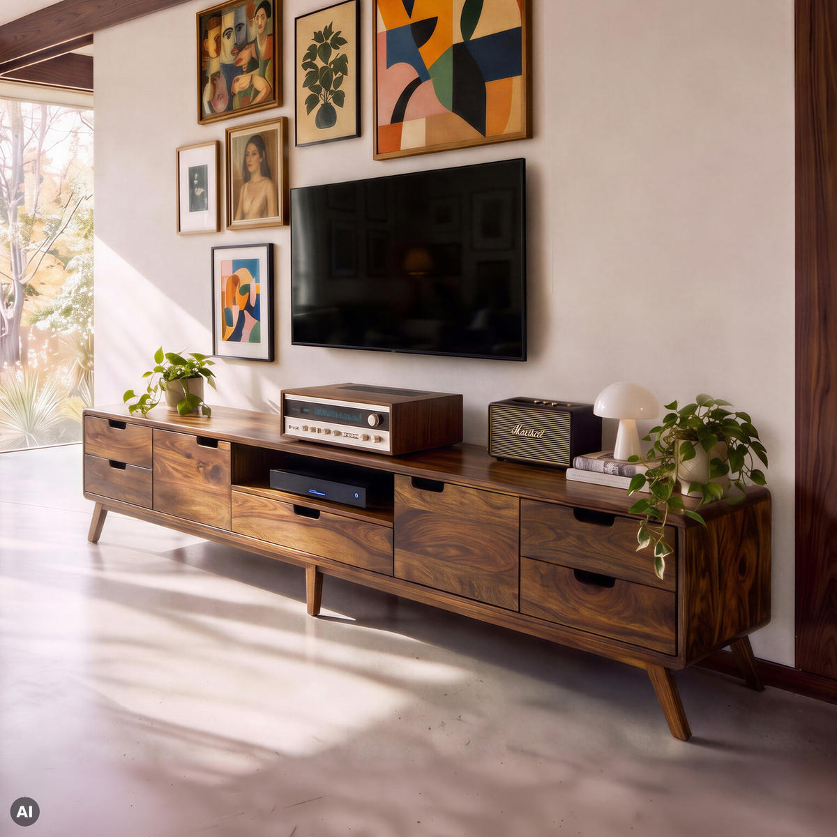 TV-BOARD Sheesham 260x40x48 walnuss gewachst MALMÖ 2 #126 - Dunkelbraun, Holz (260/48/40cm) - Massivmoebel24