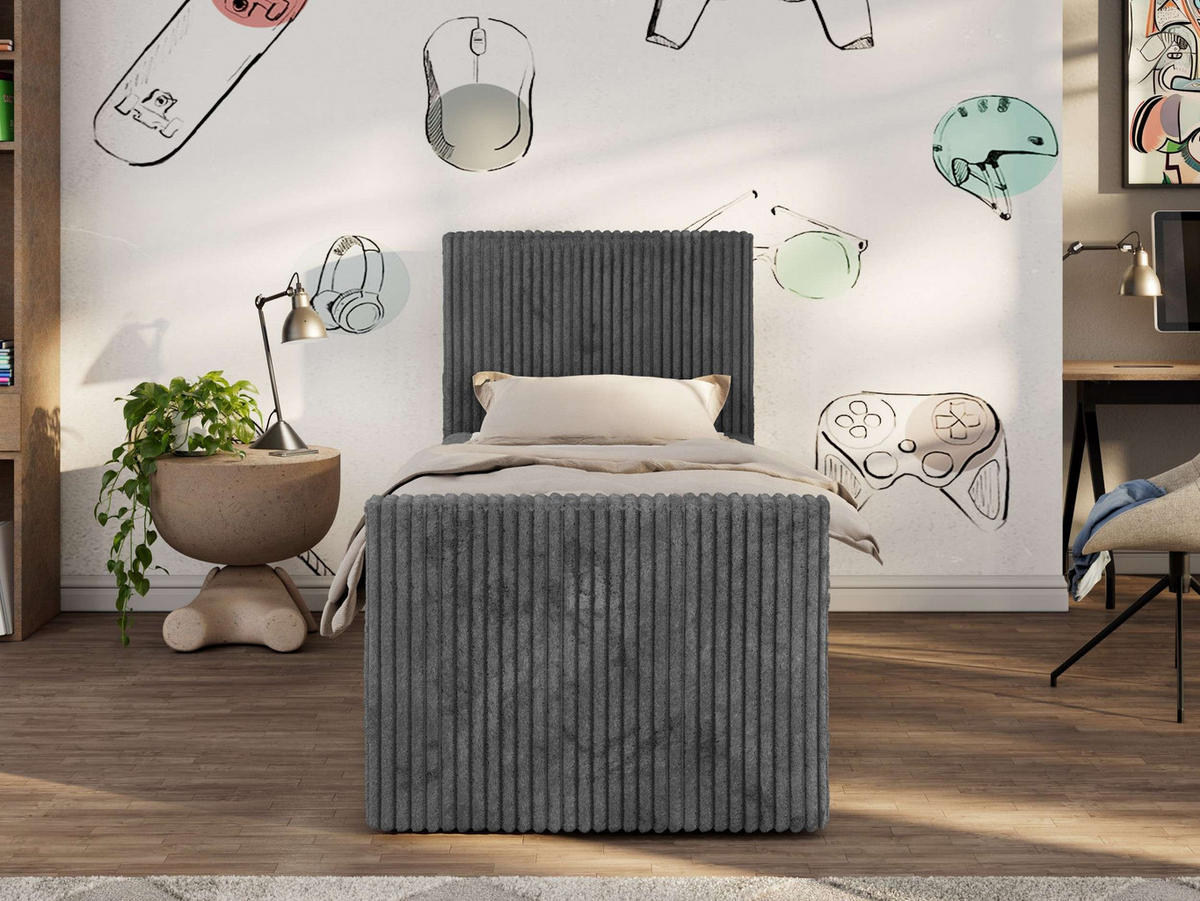 JUGENDBETT TILIO DUO 90/200 - Grau Cord - H4 - Links Seite - Grau, Textil (90/200cm) - MKS