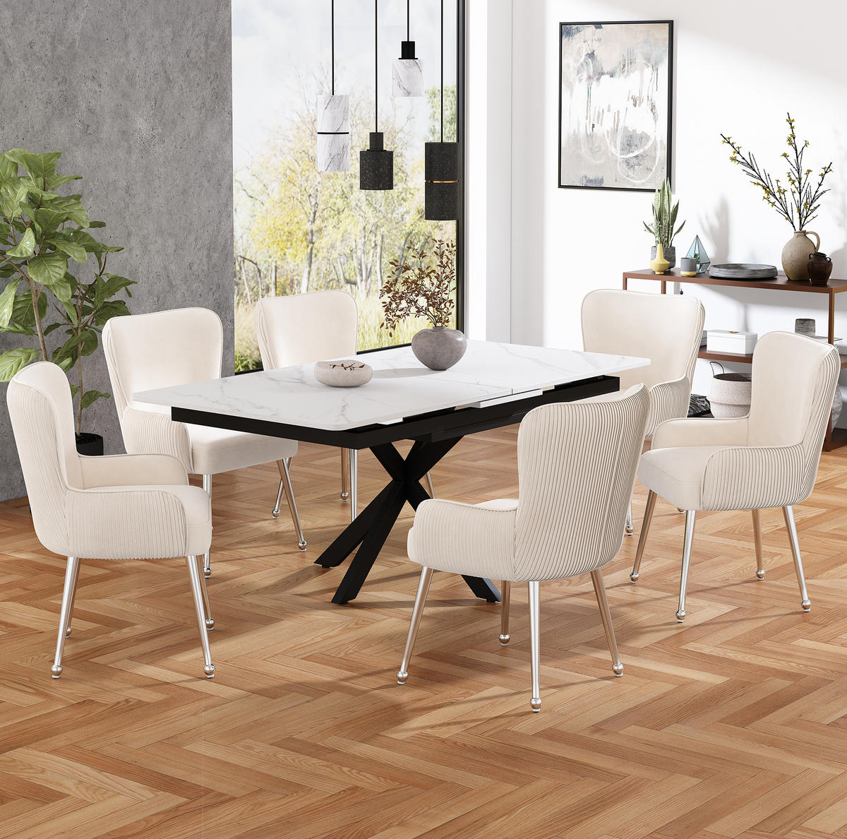 ESSZIMMERSTUHL 4er-Set Beige aus Samt mit Armlehnen - Beige, Textil (57/83/23cm)