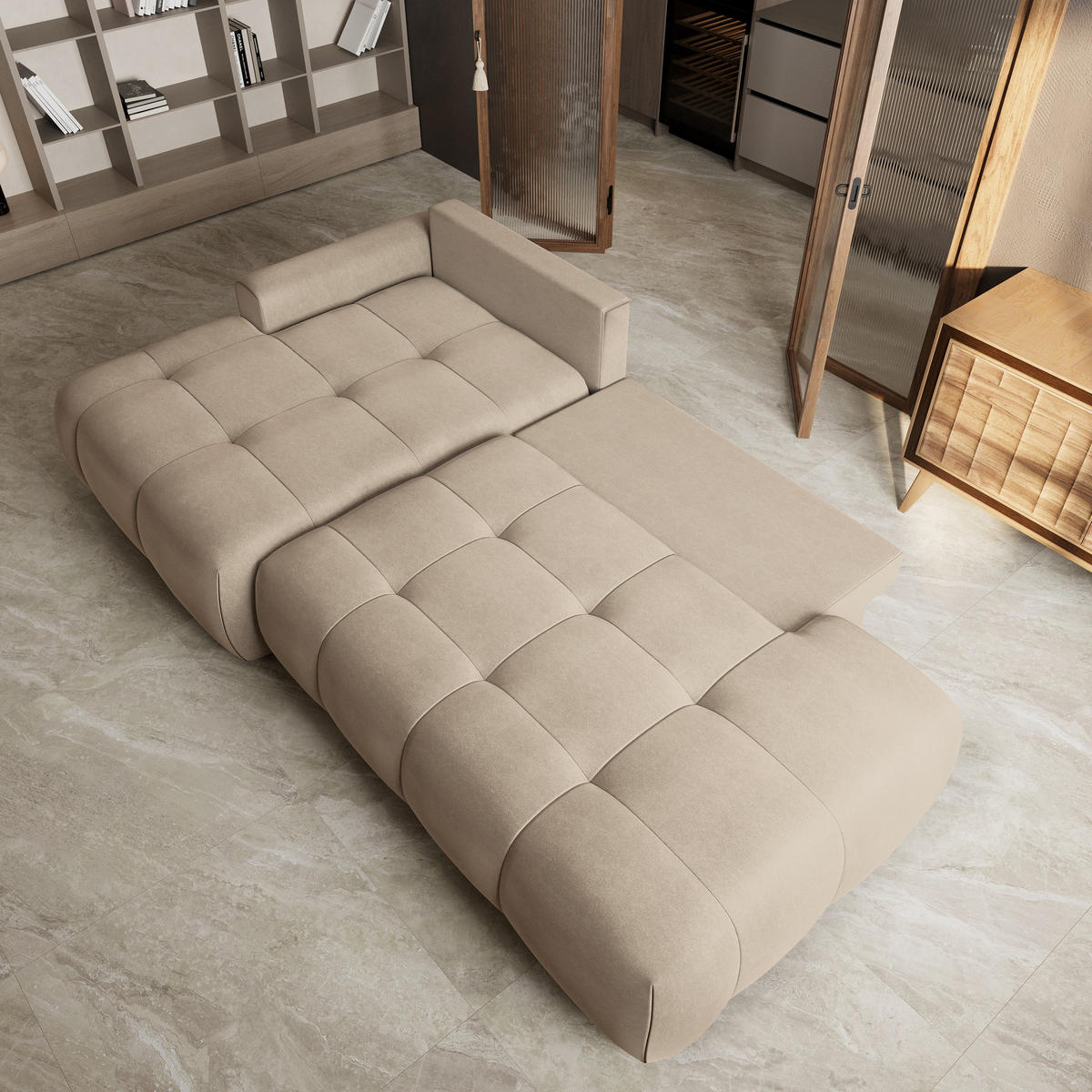 ECKSOFA FLUMA CL L-S Beige Samtstoff mit Schlaffunktion - Beige, Holzwerkstoff/Textil (279/158cm) - MASSENO