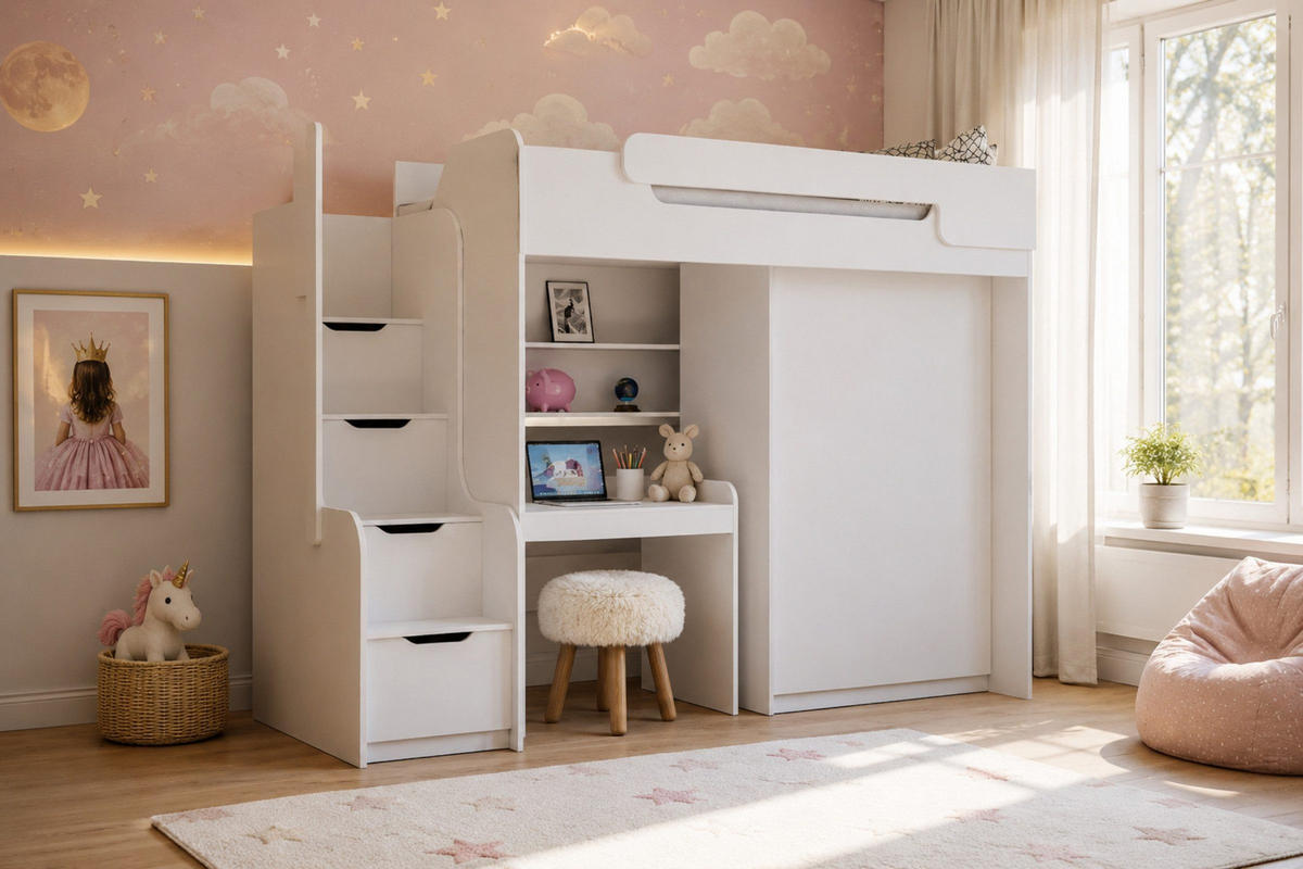HOCHBETT ARTHUR 90/200 in Weiß mit Schreibtisch und Kleiderschrank - Weiß, Holzwerkstoff (90/200cm) - Deine Möbel 24