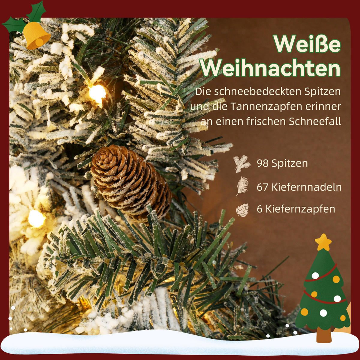 TANNENKRANZ Weihnachtskranz mit LED-Lichterkette, Tannenzapfen, Türkranz - Weiß, Kunststoff (60/8/60cm) - HOMCOM