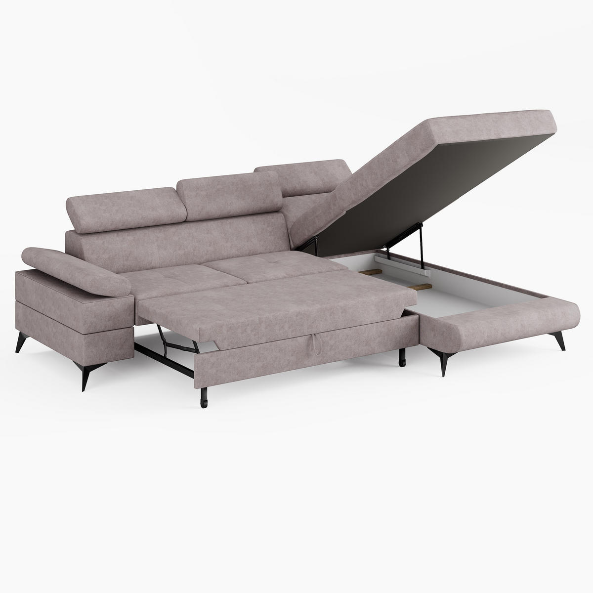 ECKSOFA VENTO Rechts Schwarz Velours Premium L-Form Couch mit Schlaffunktion & Bettkasten - Schwarz, Holz (261/190cm) - Barchello