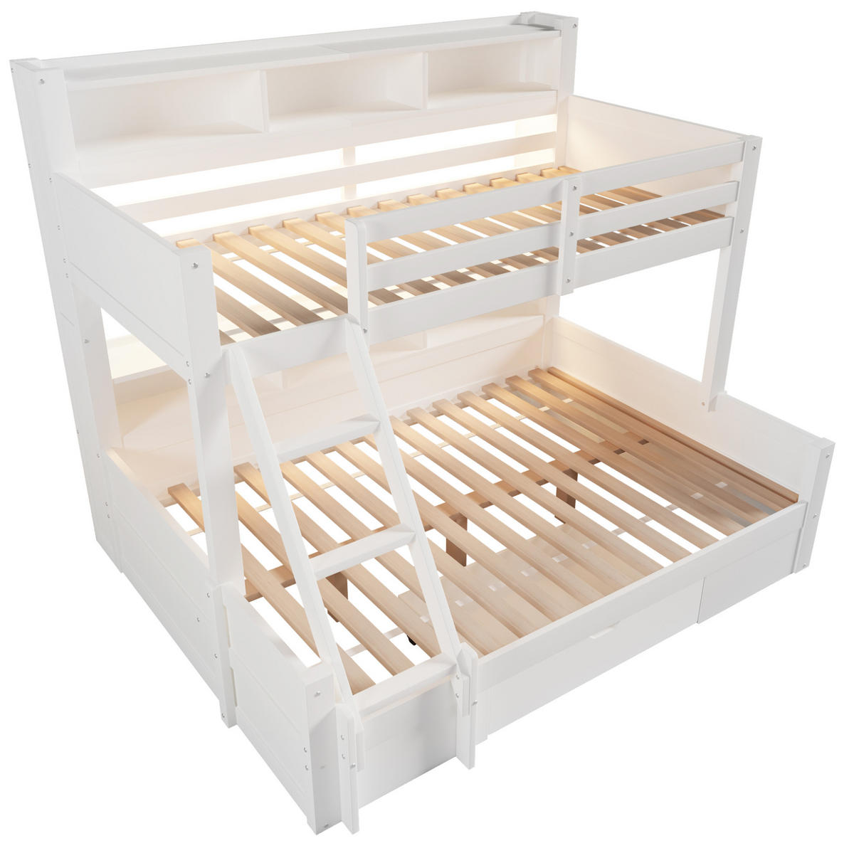 ETAGENBETT 90/200 cm + 140/200 cm mit LED-Beleuchtung, Stauraum, Schublade und variabler Leiter aus Massivholz, Weiß - Weiß, Holz (90/200cm) - Redom