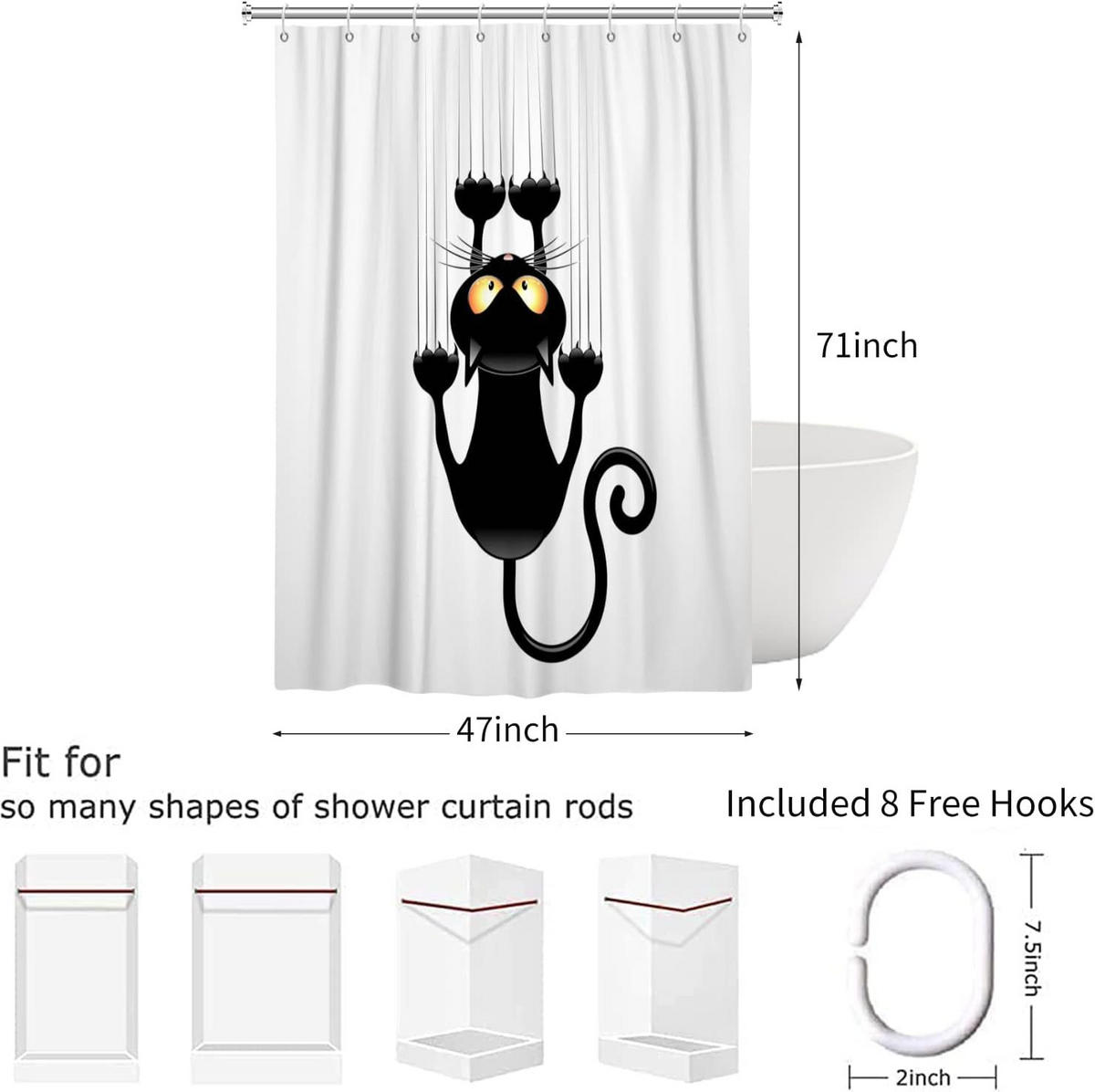 DUSCHVORHANG Katze Schwarz 120 x 180 cm Wand Stoff wasserdicht waschbar - Weiß, Textil (120/180cm) - MCBOSON