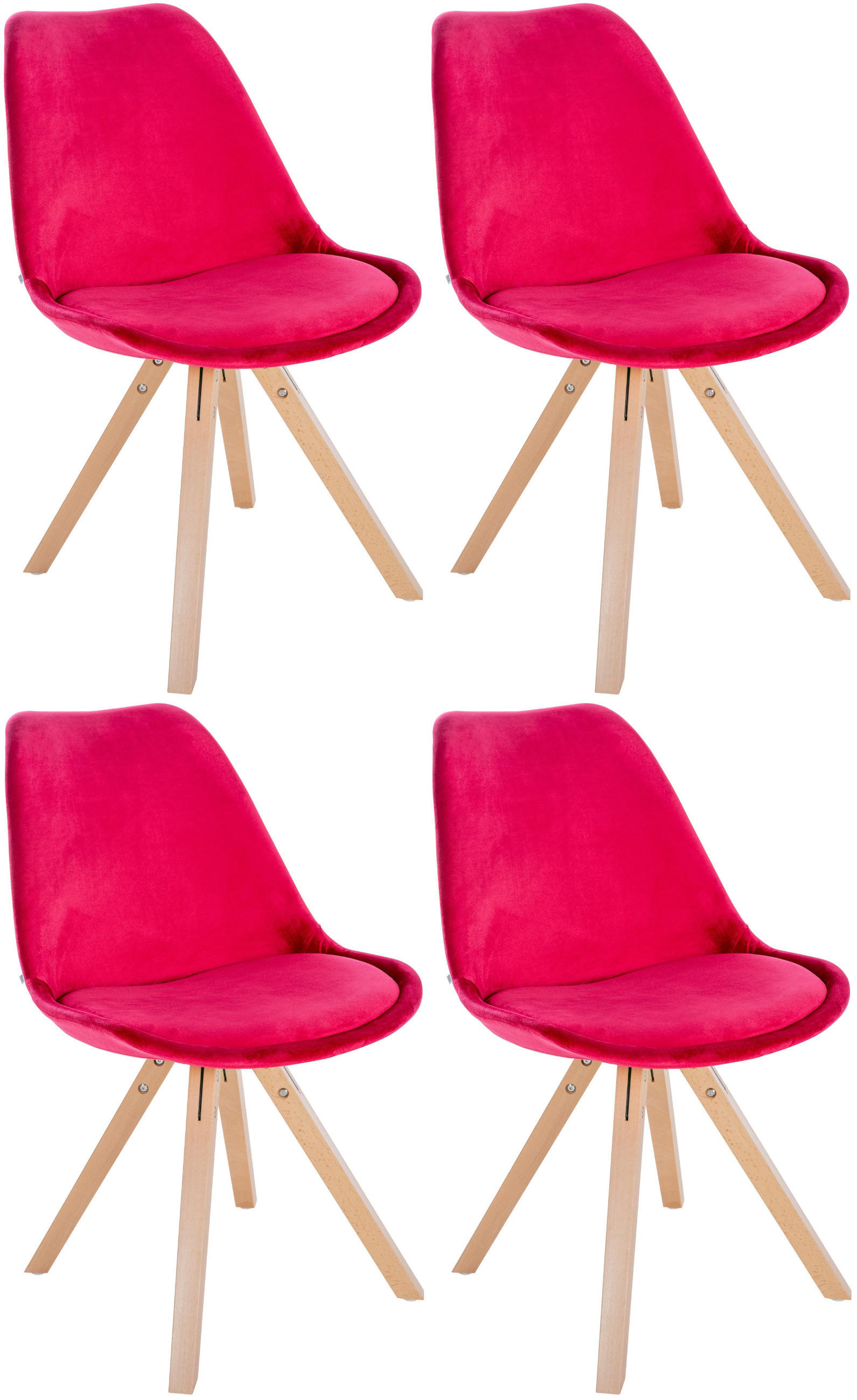 STUHL 4er Set Samt rot - Rot/Naturfarben, Holz/Textil (48/81/54cm) - CLP