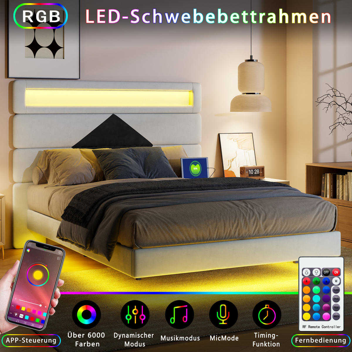 POLSTERBETT 140/190 cm mit schwarzem Dreieck-Detail, doppelte RGB-Stimmungsbeleuchtung und USB-Ladeanschluss - Weiß, Holz/Metall (140/190cm) - Joyfair