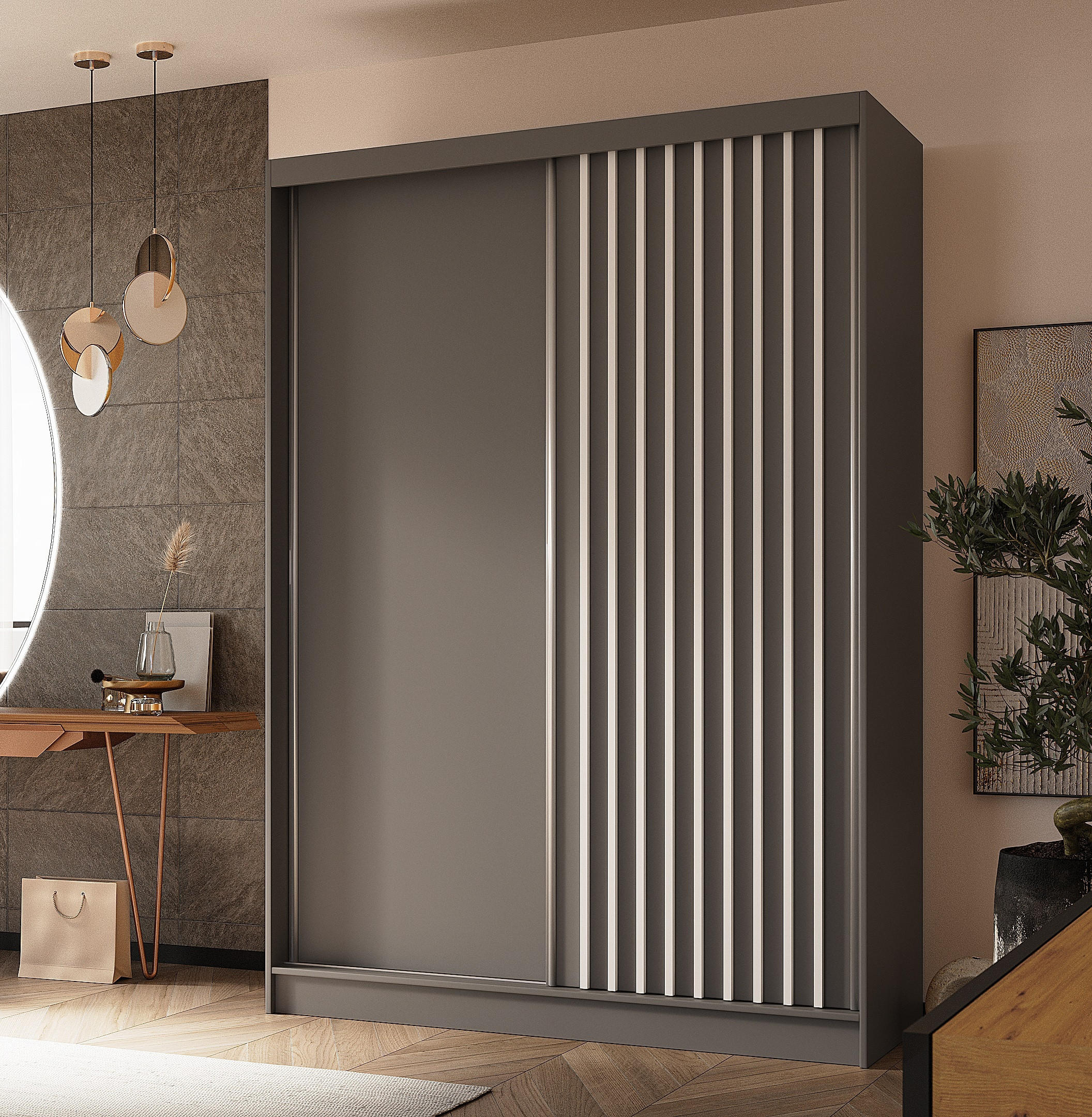SCHWEBETÜRENSCHRANK Cabinio Grau Weiß 150/216/61 cm – Modern, mit Lamellen - Weiß/Grau, Holzwerkstoff/Kunststoff (150/216.1/61cm) - AX Living
