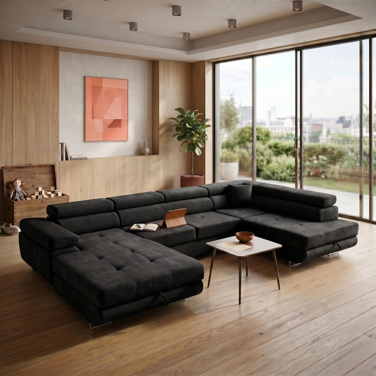 ECKSOFA U-Form WILD U Rechts mit Schlaffunktion 130x260 Chenille Schwarz - Silberfarben/Schwarz, Holz/Textil (203/90/350cm) - Muffo