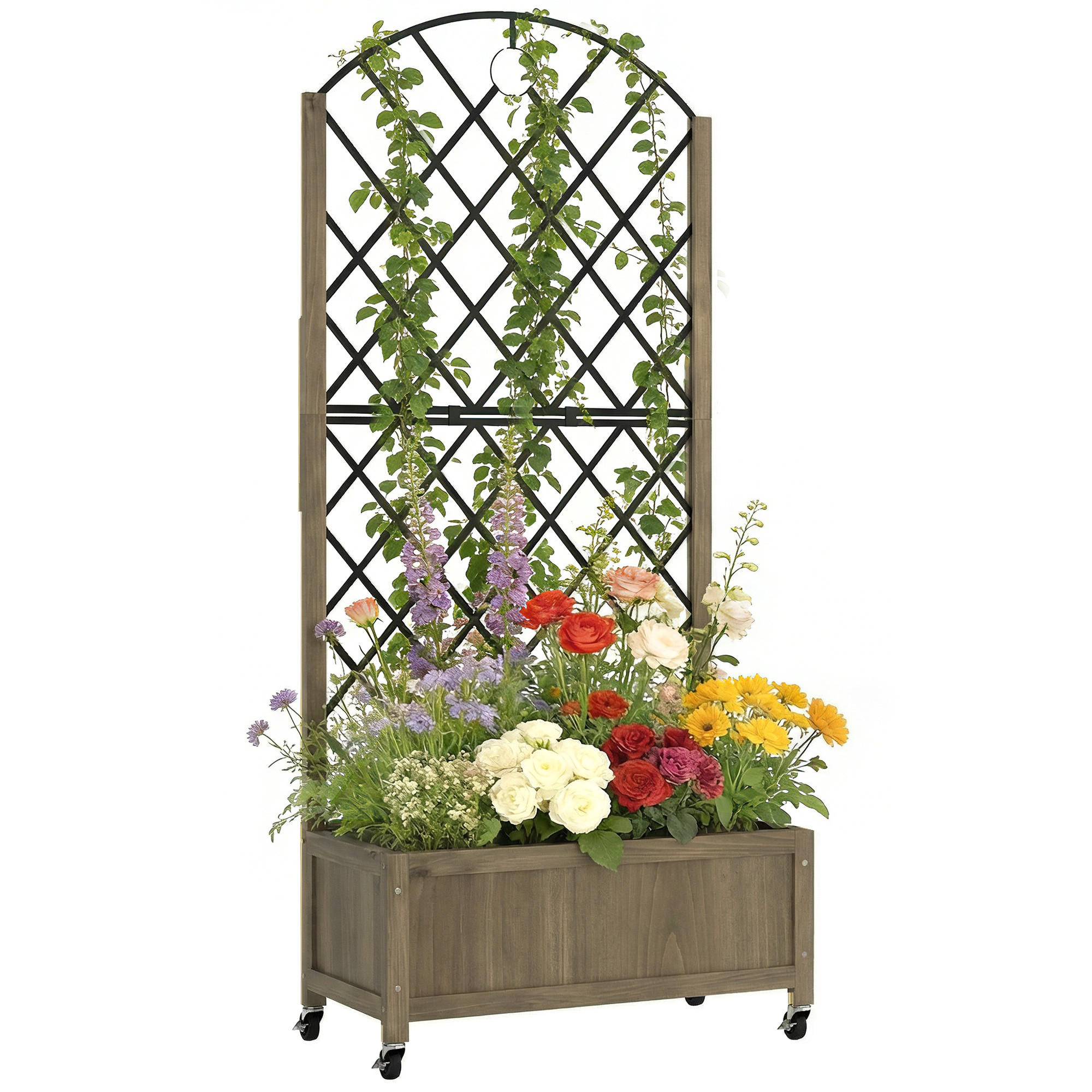 HOCHBEET DE-12293 mit Rankgitter auf Rollen, 72/36/168 cm Carbonisiert - Braun, Holz (72/168/36cm) - ComfortXL