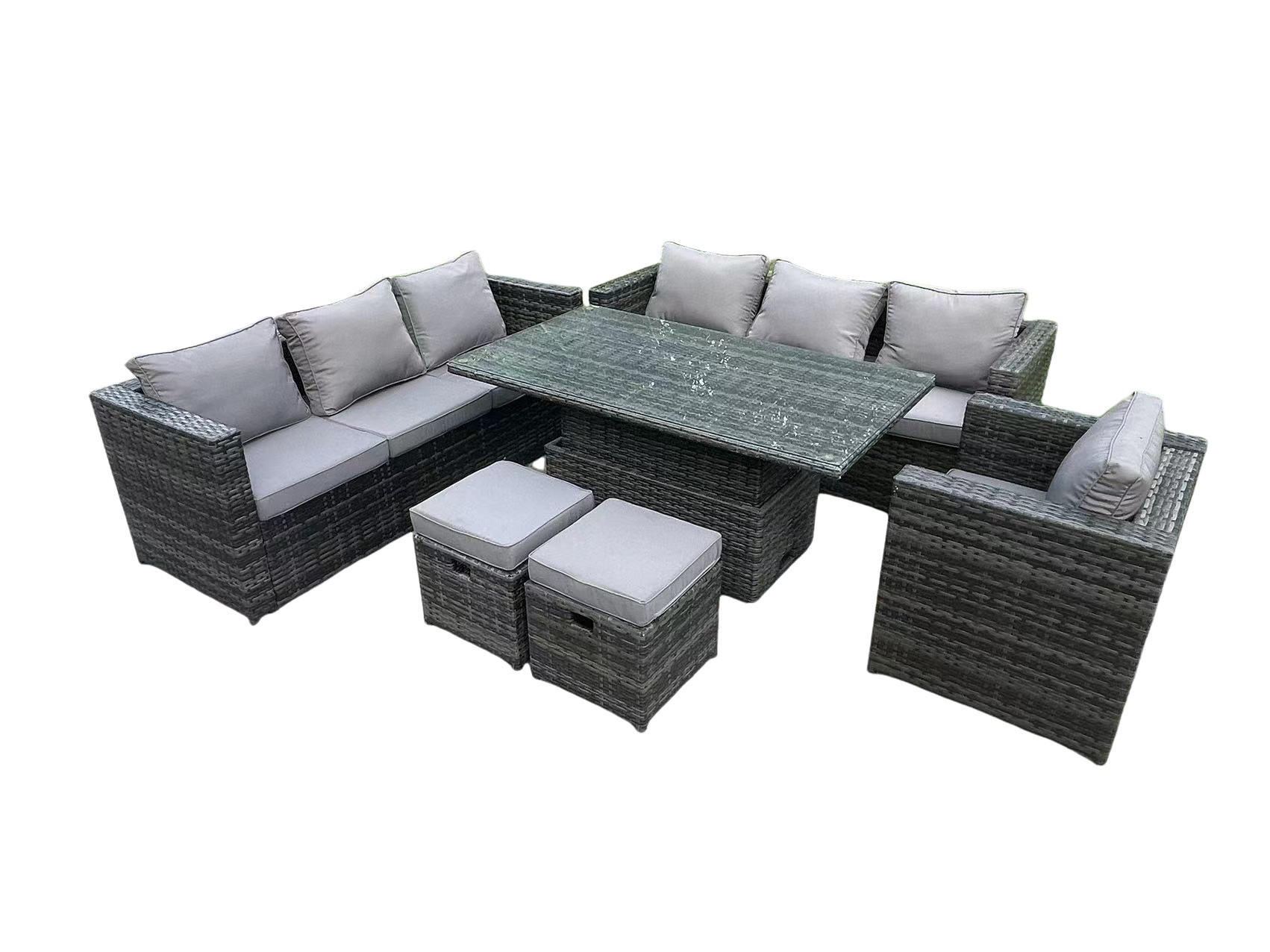 GARTENMÖBEL HÖHENVERSTELLBARER ESSTISCH SET Polyrattan 9-Sitzer - Dunkelgrau/Grau, Glas/Kunststoff - Fimous
