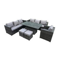 GARTENMÖBEL HÖHENVERSTELLBARER ESSTISCH SET Polyrattan 9-Sitzer - Dunkelgrau/Grau, Glas/Kunststoff - Fimous