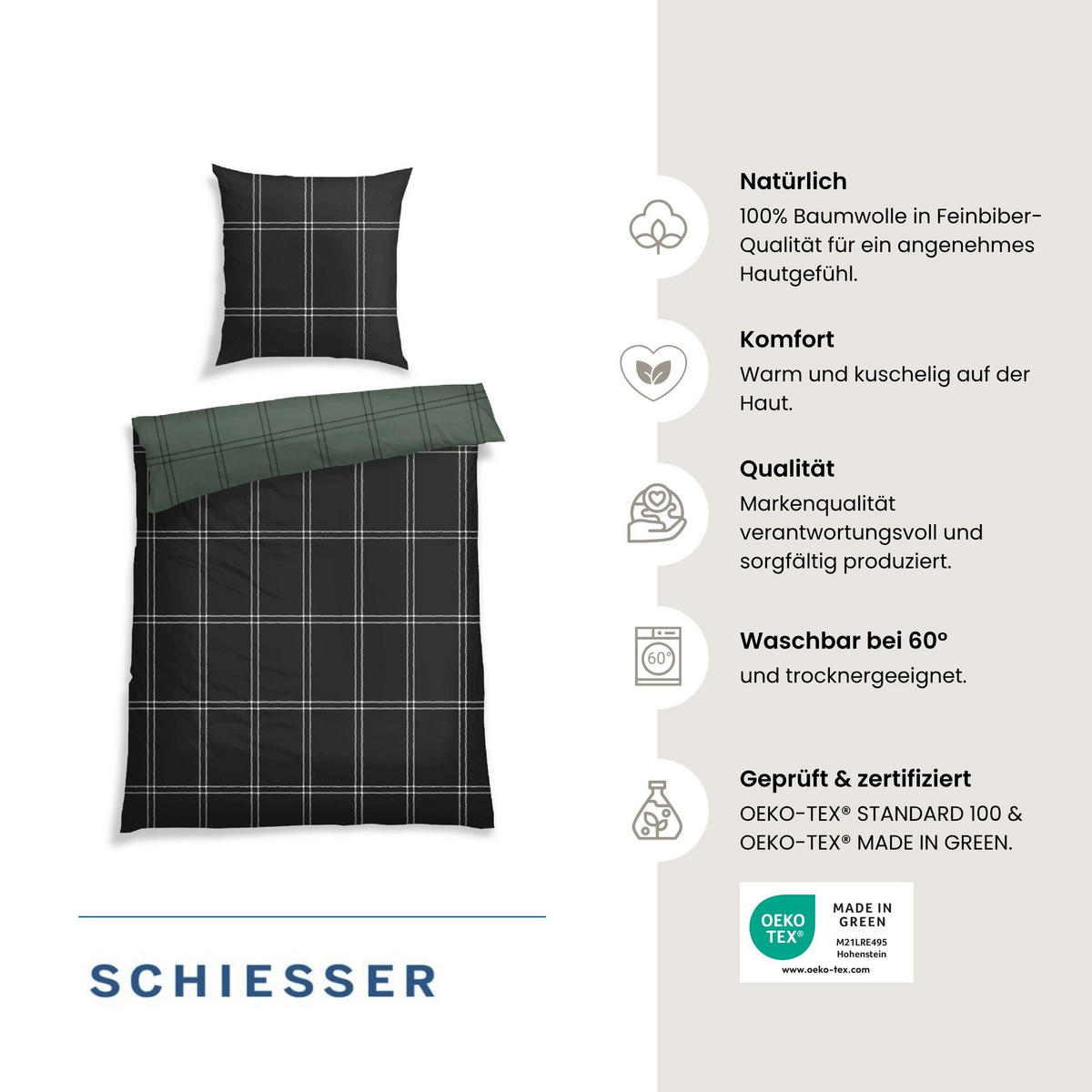 BETTWÄSCHESET Ellis - Feinbiber - 2-teilig - 135x200 cm - Dunkelgrün - Dunkelgrün, Textil (135/200cm) - SCHIESSER