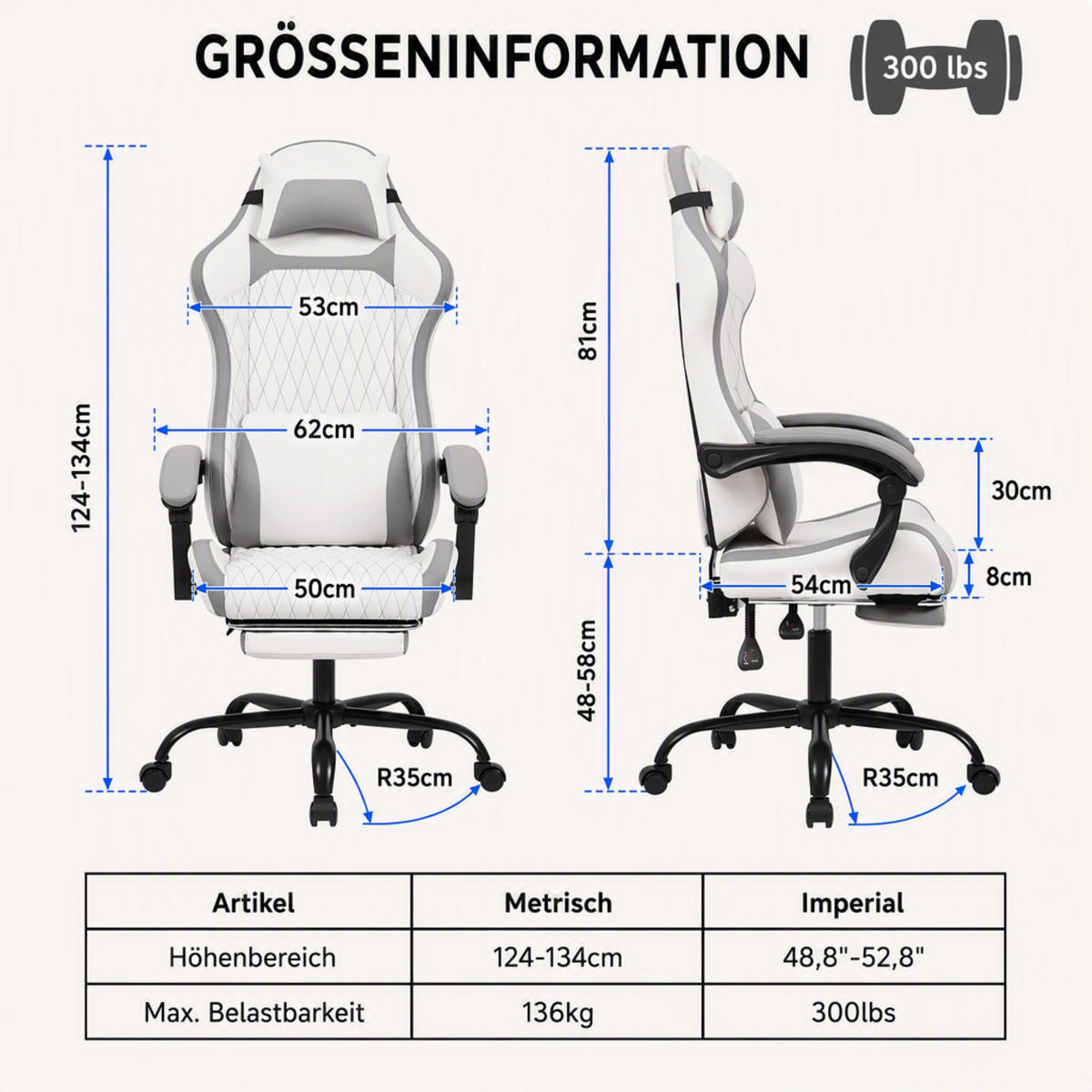 GAMING-STUHL weiß mit Rautensteppung, Fußstütze, Nacken- und Lendenkissen, höhenverstellbar - Weiß, Leder (54/124/62cm) - BRILVERDE